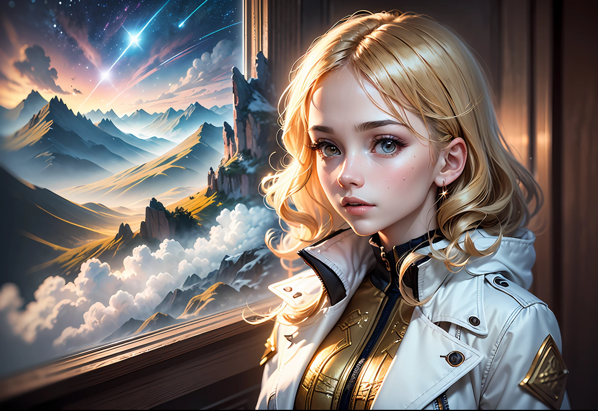 (award winning 64k concept art:1.3) of (young woman looking up standing over the valley:1.2), close to camera,  in white coat, sweet, front, epic, god rays, (masterpiece:1.4), (best quality:1.4), Amazing, highly detailed, beautiful, finely detailed, warm soft color grading, (Depth of field:1.4), extremely detailed 64k, fine art, (valley in the background), stunning, (light reflections:1.2), (crisp:1.6), gold short curls, winter, vibrant, starry sky, (edge detection:1.4), absurdres, impressive, 120mm, extremely clear, lens flare, motion lines, symmetrical clothes, wide shot, wide angle