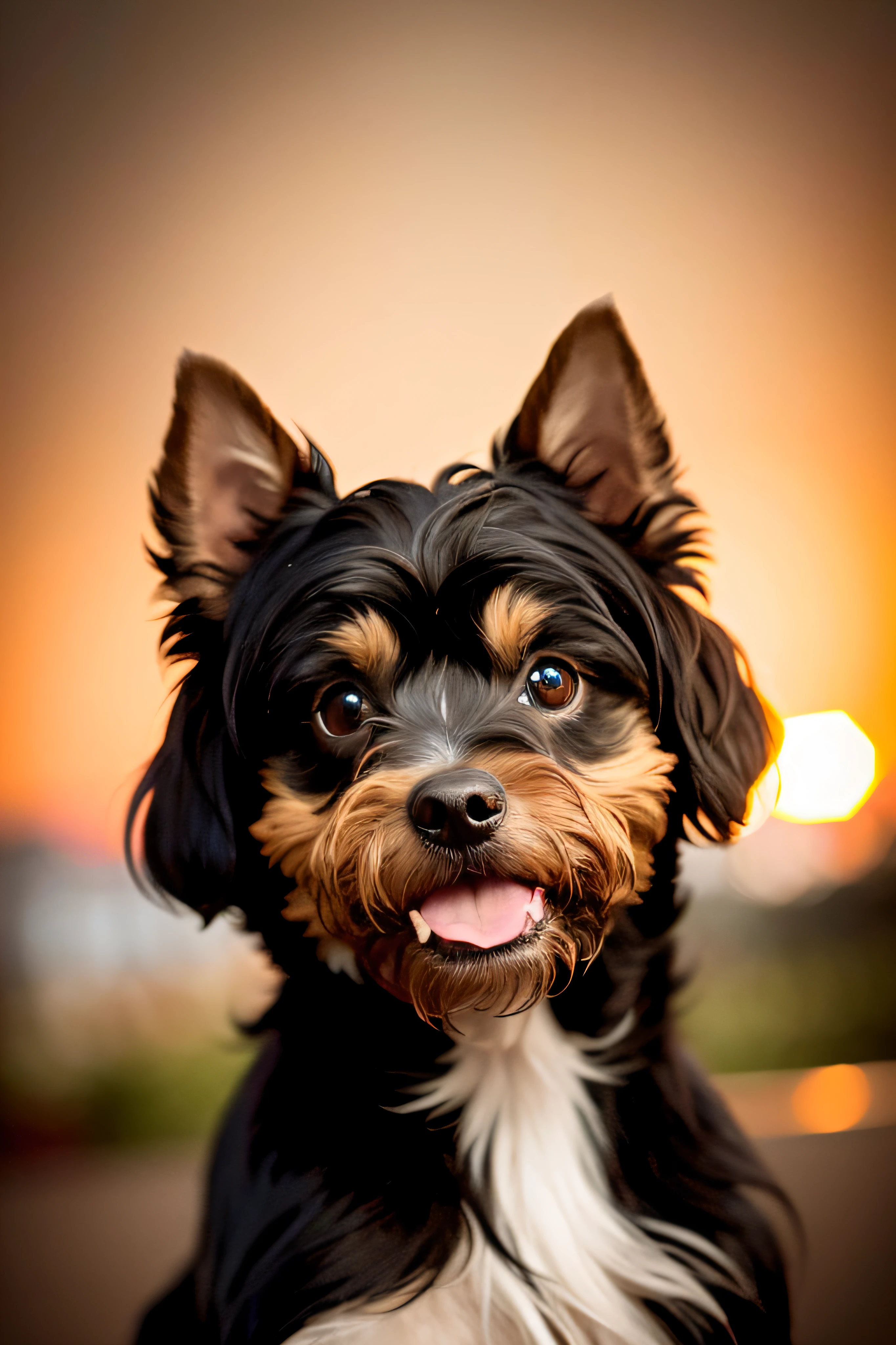 retrato realista de un lindo perro Yorkshire terrier ((color negro y beige)) linda sonrisa, ((gracioso)), black background dark lighting, Yellow neon, primer plano, vista del producto, detalles faciales detallados, cara perfecta, nitidez, tendencia en las artes, sharp facial details, CGsociety, ilustraciones digitales de ultra alta calidad, exquisito hiper detalle, 4K, 8K soft lighting, Dreamer --ISO 100, moda -