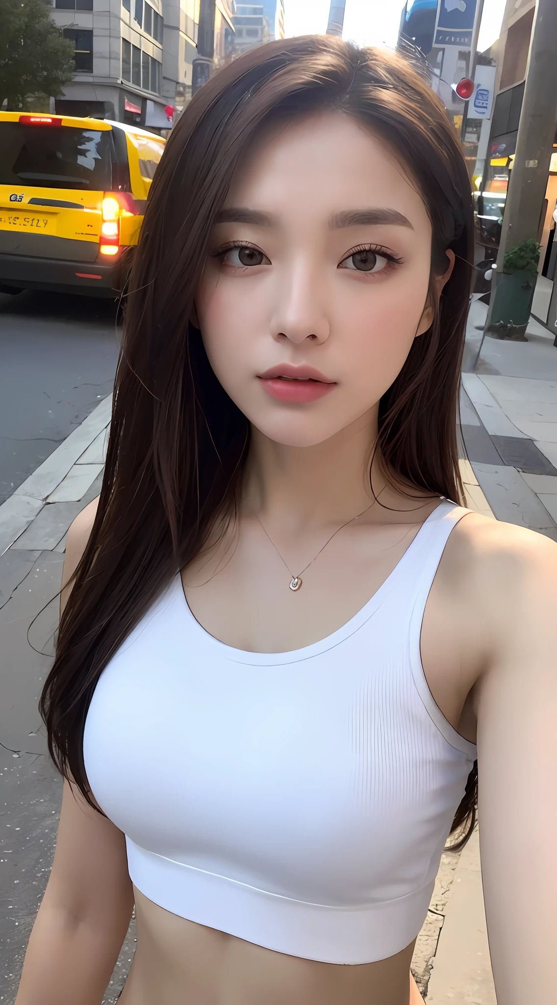 ((Realistic lighting, Best quality, 8K, Masterpiece: 1.3)), Clear focus: 1.2, 1girl, Perfect Figure: 1.4, Slim Abs: 1.1, ((Dark brown hair)), (White crop top: 1.4), (Outdoor, Night: 1.1), City streets, Super fine face, Fine eyes, Double eyelids,
