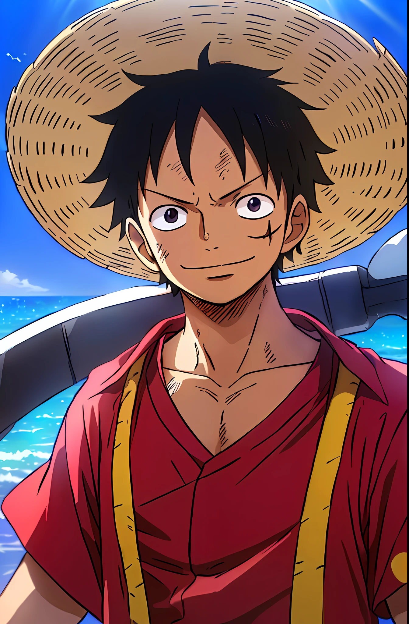 1boys, wanostyle, monkey d luffy, Smiling, Straw hat, look viewer, 独奏, Upper body, ((masterpiece)), (Best quality), (Extremely detailed), Depth of field, sketch, dark intensive shadows, Sharp focus quality, hdr, Colorful, Good composition, There were fires all around, spectacular, Closed shirt, Anime screenshots, Scars under the eyes, getting ready to fight, Dark eyes,deep of field,ocean background,ship,sunrays,Red clothes,