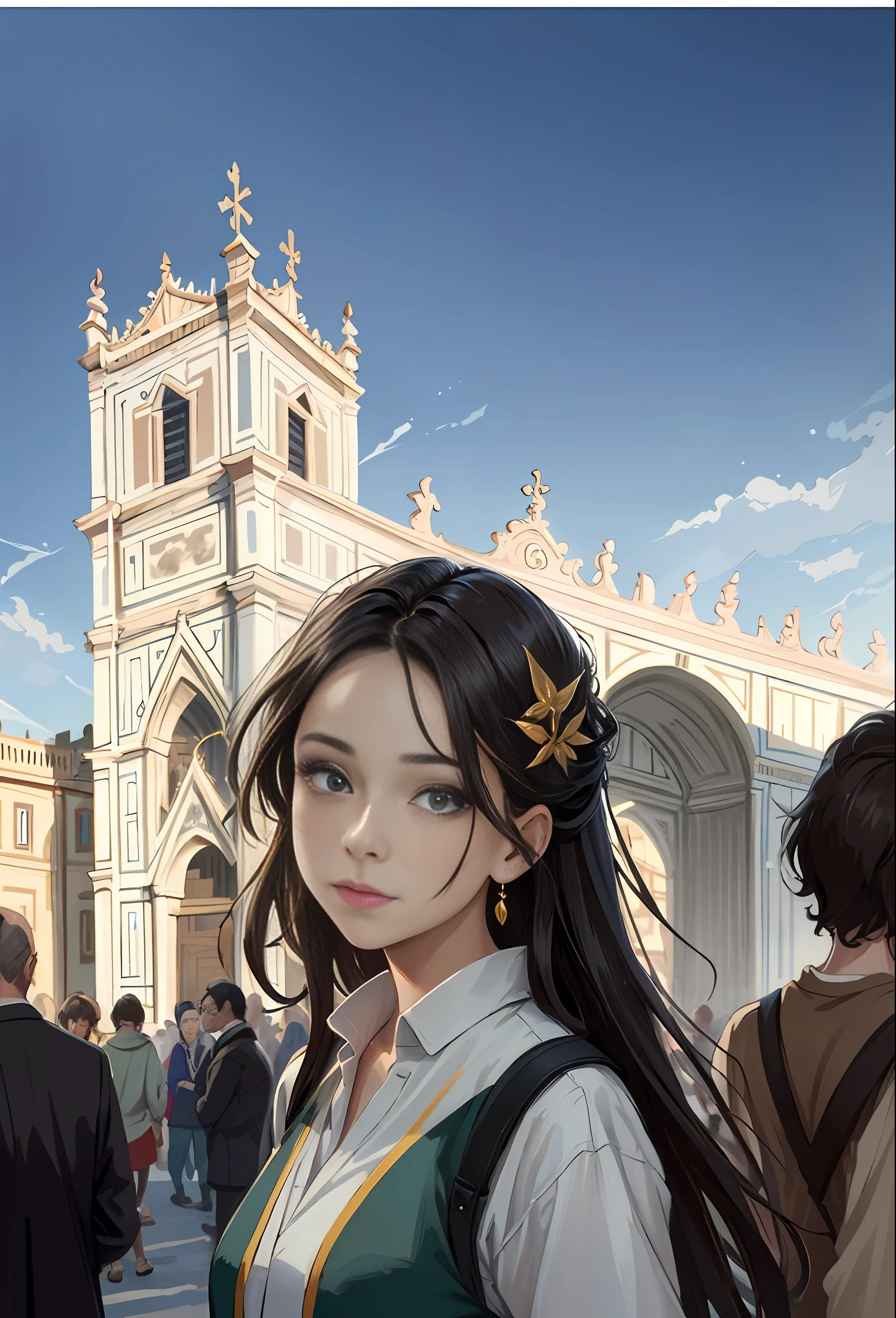 Model shooting style, (extremely detailed CG Unity 8k wallpaper), full-shot body photo of the most beautiful artwork in the world, stunning beautiful photo realistic available, super realistic super detailed photo, a beautiful girl as a female dancer entering the Loggia dei Lanzi of Florence,complex dress, banquet, crowd, [slight smile], (Sculpture of Hercules background), (princess eyes, shining pupils), detailed symmetrical beautiful hazel eyes, detailed gorgeous face, highly detailed, Vibrant, professional majestic oil painting by Ed Blinkey, Atey Ghailan, Studio Ghibli, Jeremy Mann, Greg Manchess, Antonio Moro, ArtStation Trends, CGSociety Trends, Complex, High Detail, Sharp Focus, Dramatic, Realistic Painting Art, by Midjourney and Greg Written by Rutkowski