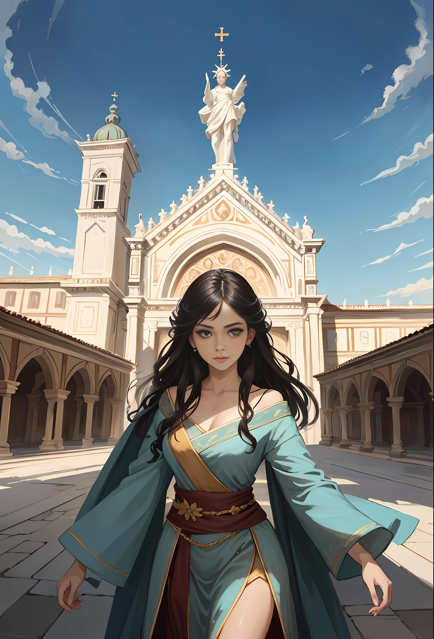 Model shooting style, (extremely detailed CG Unity 8k wallpaper), full-shot body photo of the most beautiful artwork in the world, stunning beautiful photo realistic available, super realistic super detailed photo, a beautiful girl as a female dancer entering the Loggia dei Lanzi of Florence,complex dress, banquet, crowd, [slight smile], (Sculpture of Hercules background), (princess eyes, shining pupils), detailed symmetrical beautiful hazel eyes, detailed gorgeous face, highly detailed, Vibrant, professional majestic oil painting by Ed Blinkey, Atey Ghailan, Studio Ghibli, Jeremy Mann, Greg Manchess, Antonio Moro, ArtStation Trends, CGSociety Trends, Complex, High Detail, Sharp Focus, Dramatic, Realistic Painting Art, by Midjourney and Greg Written by Rutkowski