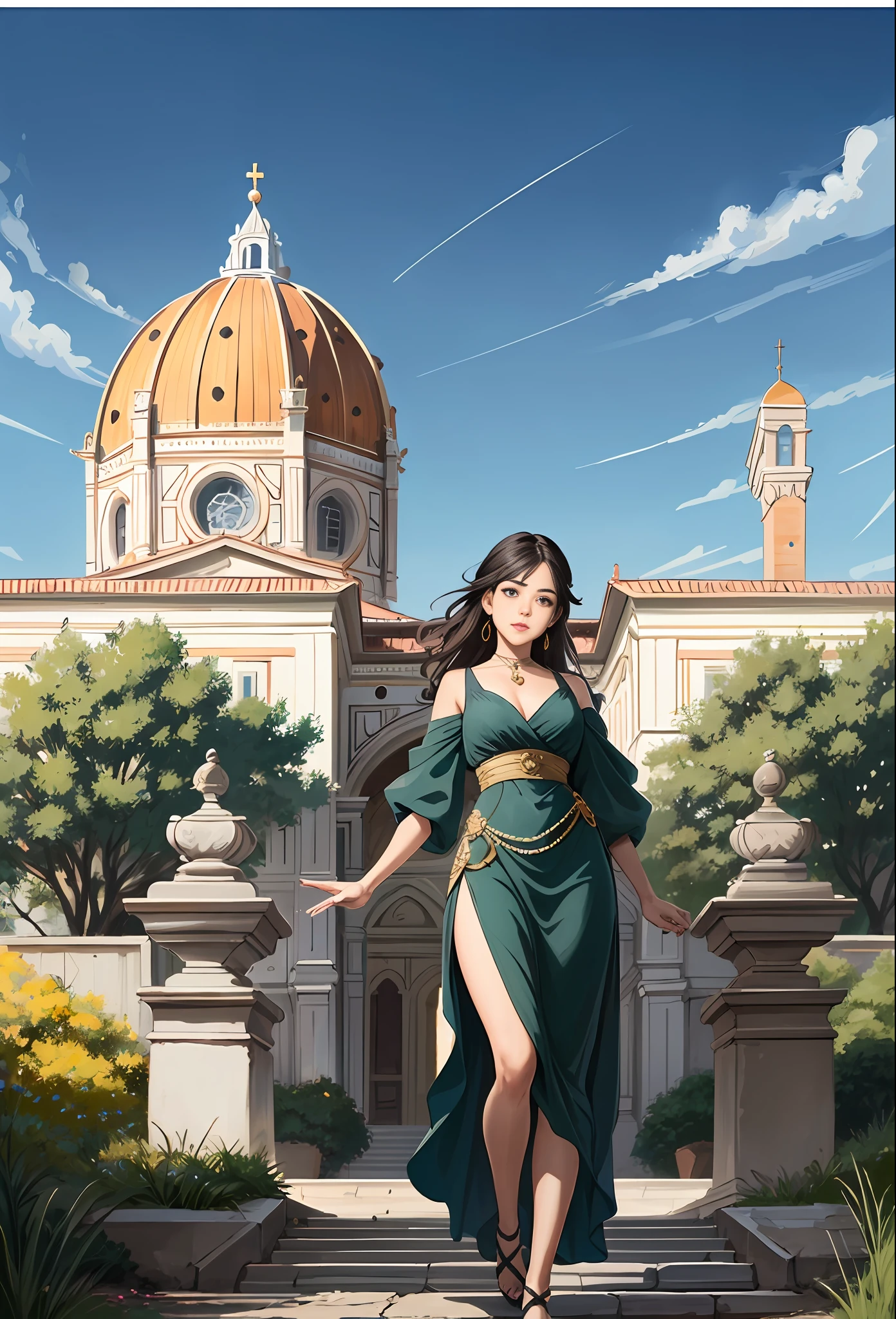 Model shooting style, (extremely detailed CG Unity 8k wallpaper), full-shot body photo of the most beautiful artwork in the world, stunning beautiful photo realistic available, super realistic super detailed photo, a beautiful girl as a female dancer entering the Loggia dei Lanzi of Florence,complex dress, banquet, crowd, [slight smile], (Sculpture of Hercules background), (princess eyes, shining pupils), detailed symmetrical beautiful hazel eyes, detailed gorgeous face, highly detailed, Vibrant, professional majestic oil painting by Ed Blinkey, Atey Ghailan, Studio Ghibli, Jeremy Mann, Greg Manchess, Antonio Moro, ArtStation Trends, CGSociety Trends, Complex, High Detail, Sharp Focus, Dramatic, Realistic Painting Art, by Midjourney and Greg Written by Rutkowski