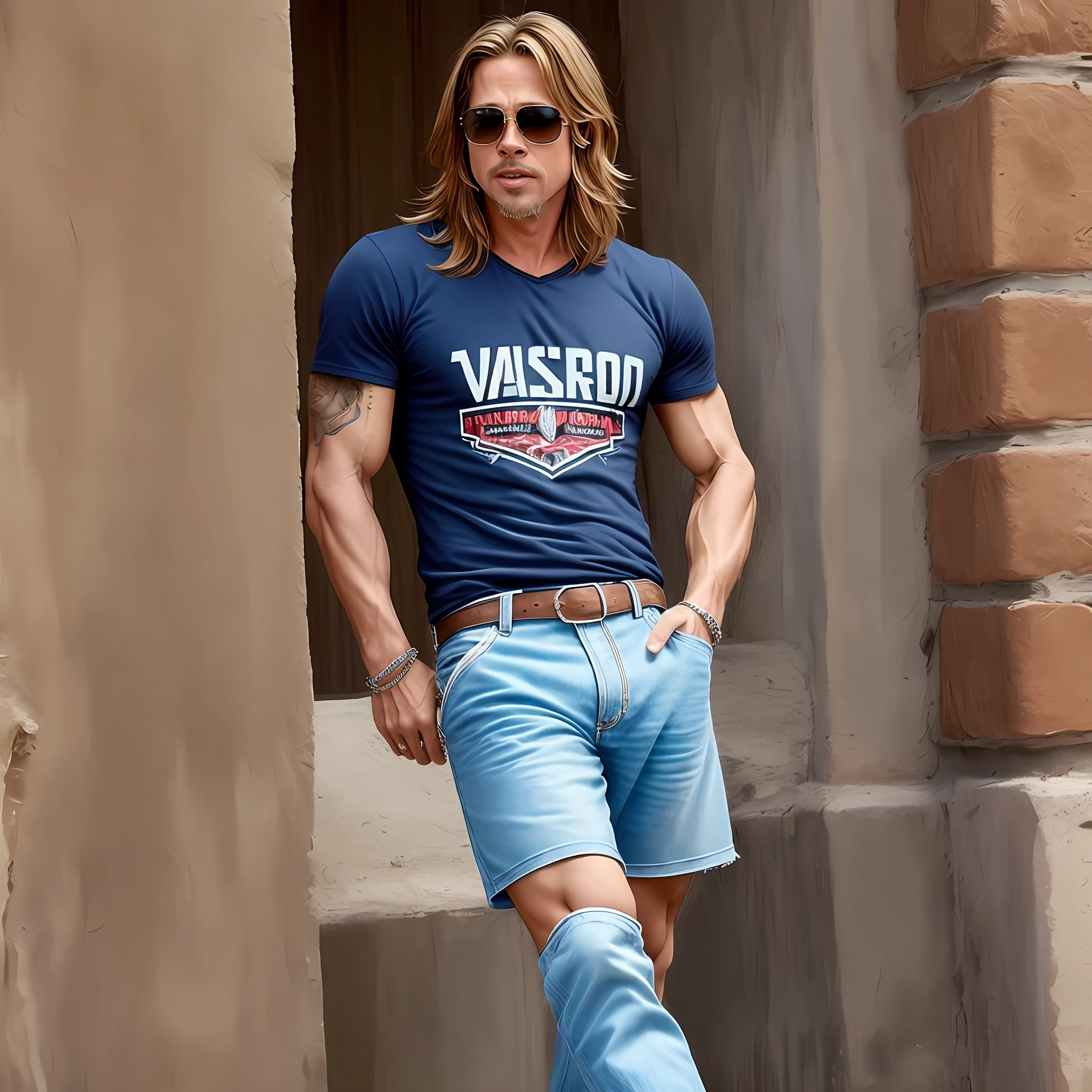 Brad Pitt con el pelo largo. Vestido con pantalones vaqueros cortos y camiseta azul. --auto --s2