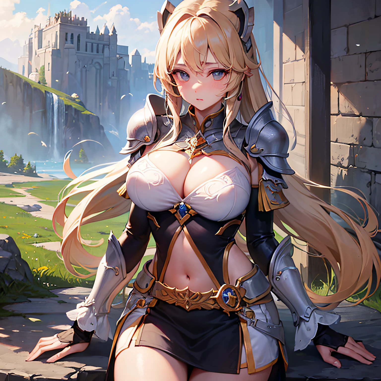 Peerless beauty，Perfect slim body，Mature royal sister face，Double ponytail curls，Knight armor，Sexy and seductive，Nice face，Full body like，4K quality，Feminine expression，Blush shyness，Star-like deep eyes，Huge breasts，short  miko skirt，Knife pulling posture。Overflowing bust，Fight Warcraft，speed lines，the best quality t，master-piece，Magnificent background，On the battlefield，Clothes are broken