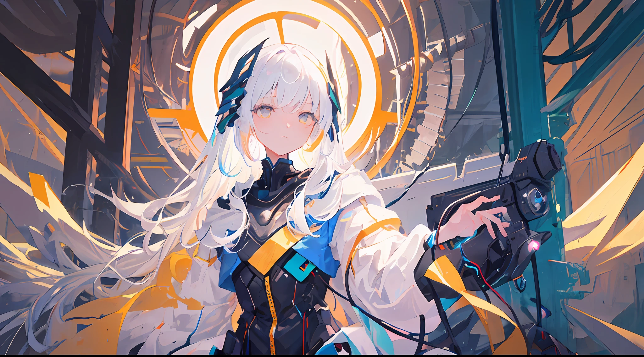 1girls, Electronic blue color, whited , Pastel colors、Bright atmosphere、Machine Man、White hair、Futuristic atmosphere、Despressing、white eyes、Longhaire、Exposed、the body is connected by a cable、Slender body, Upper body, headgear, machine wings, the universe, The god Machines