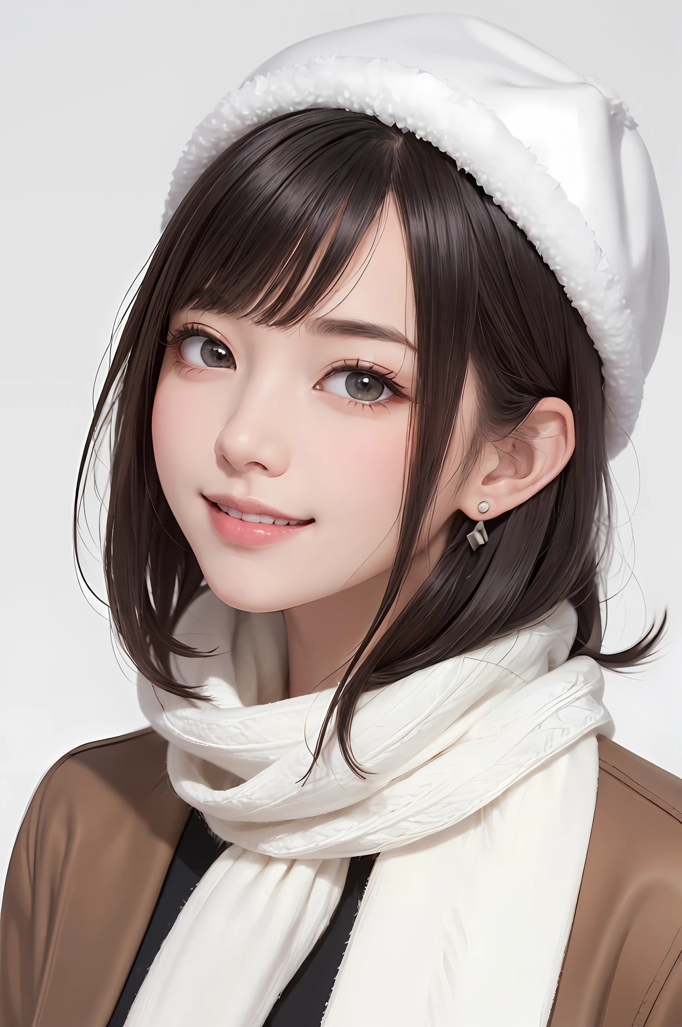 (The Masterpiece, the best qualityt),1girls, 独奏, blackhair, scarf, The hat, Realstic, Realstic, looking at the viewers, black eyes of light color, short hairs, Brown coat, Winter clothes, White scarf, s lips, Bangs, En plein air, Closed mouth, Upper bust、big eye、Lashes、((Really nothing background、Really pure white background))、(((Shorthair with bangs、big eye、extremely large breast、Staring at viewer、Beautiful beauty、Put your ears out、long neck、smiling slightly、Close your mouth and smile)))、
