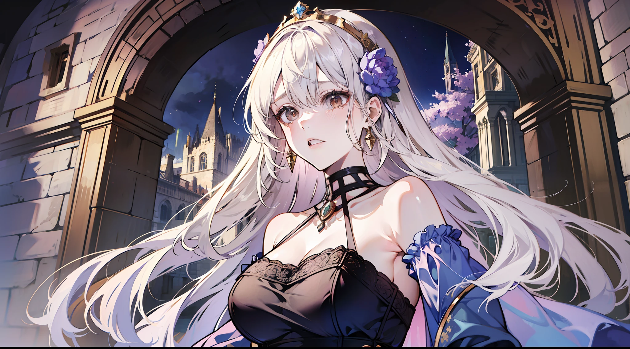 （absurdities，high - resolution），（the panorama），fully body，a a woman，mature，beautifull，Tall，The queen dresses，Lilac intricate dress，Exquisite，Brown eyes，pale blonde hair，Wears a silver crown on his head，Tears，magic，Delicate wand，Medieval town，castles