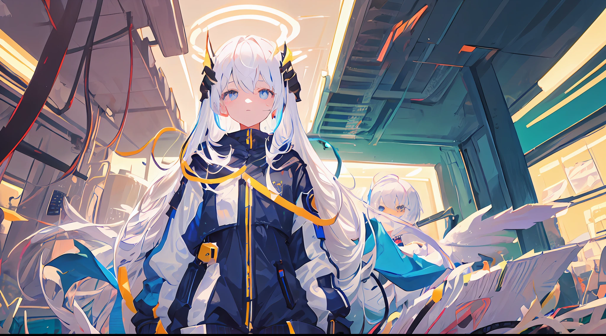 1girls, Electronic blue color, whited , Pastel colors、Bright atmosphere、Machine Man、White hair、Futuristic atmosphere、Despressing、white eyes、Longhaire、Exposed、the body is connected by a cable、Slender body, Upper body, headgear, machine wings, the universe, The god Machines