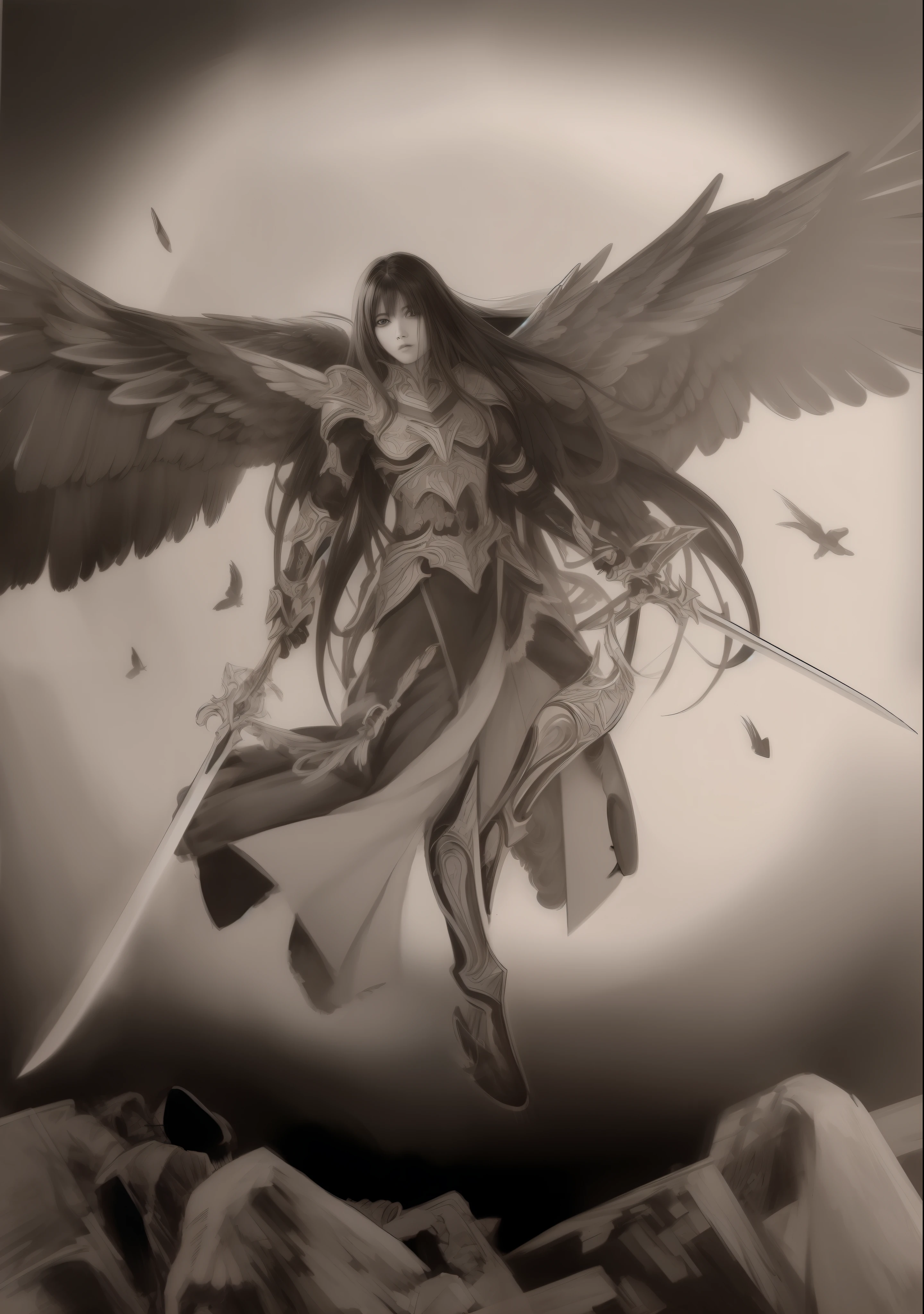 drawing of a woman with wings and a sword in the sky, anjo escuro, O Anjo da Morte, arcanjo, angel knight gothic girl, anjo da morte, Retrato do Anjo da Morte, menina do cavaleiro do anjo, arte escura altamente detalhada, Arcanjo Miguel, dark angel of coffee, por Yang J, pencil and ink manga drawing, necessidade humana anjo da morte