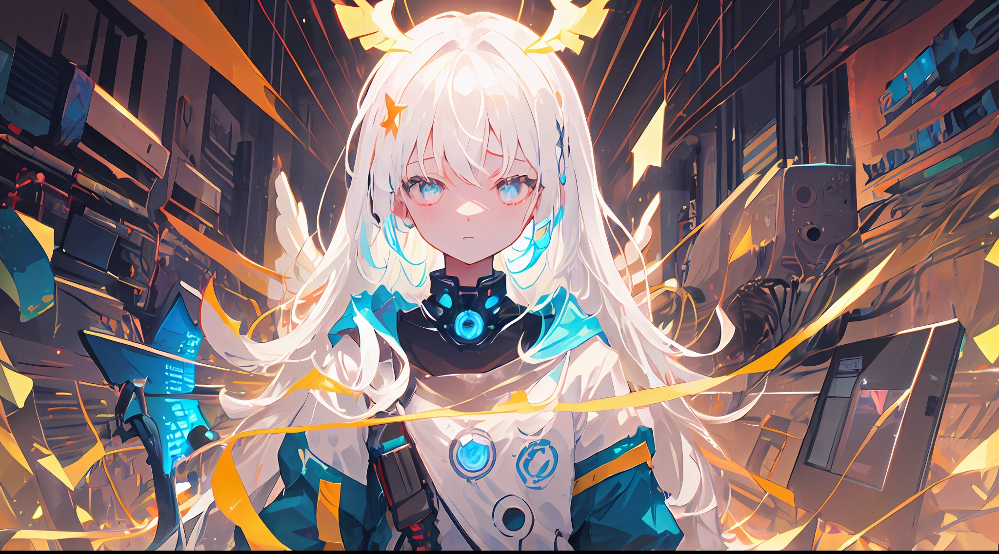 1girls, Electronic blue color, whited , Pastel colors、Bright atmosphere、Machine Man、White hair、Futuristic atmosphere、Despressing、white eyes、Longhaire、Exposed、the body is connected by a cable、Slender body, Upper body, headgear, machine wings, the universe, The god Machines