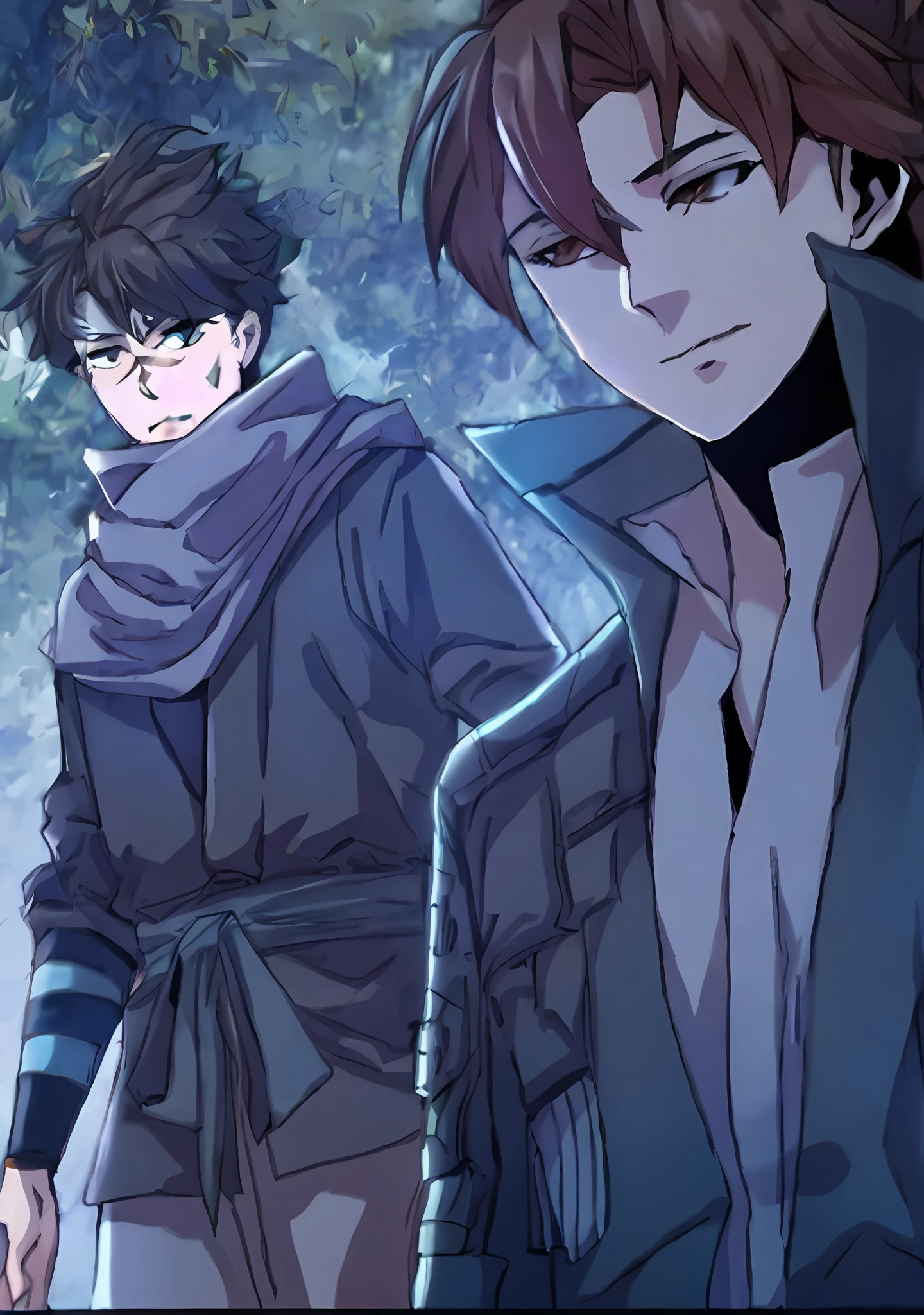 a couple of anime characters standing next to each other, two anime handsome men, hidari and vlop, makoto shinkai and (cain kuga), handsome guy in demon slayer art, akehiko inoue and ross tran, inspired by Okumura Masanobu, anime cover, hijikata toushirou, Range Murata and Artgerm