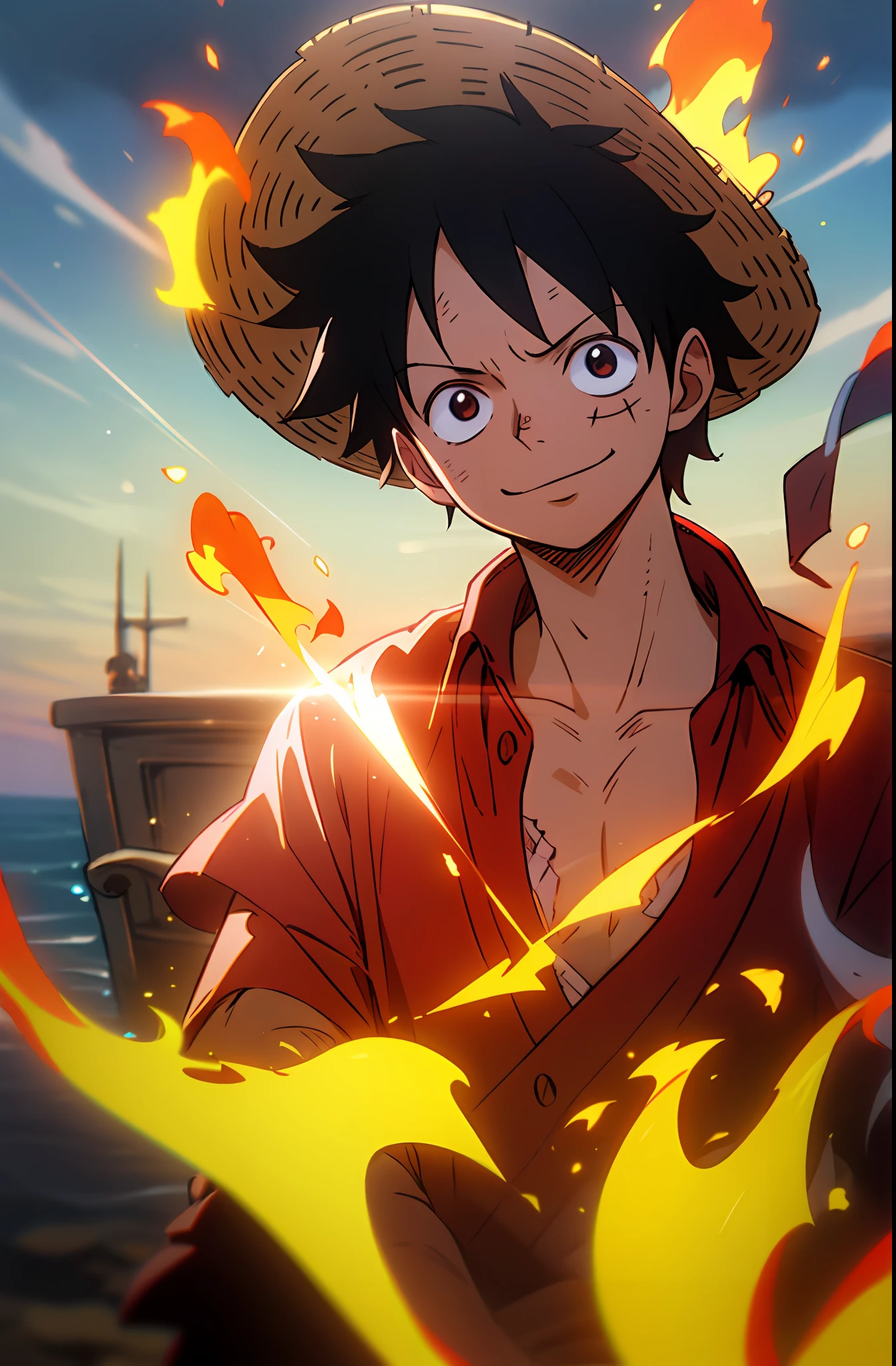 1boys, wanostyle, monkey d luffy, Smiling, Straw hat, look viewer, 独奏, Upper body, ((masterpiece)), (Best quality), (Extremely detailed), Depth of field, sketch, dark intensive shadows, Sharp focus quality, hdr, Colorful, Good composition, There were fires all around, spectacular, Closed shirt, Anime screenshots, Scars under the eyes, getting ready to fight, Dark eyes,deep of field,Sea backgroun,ship,sunrays,Red clothes,