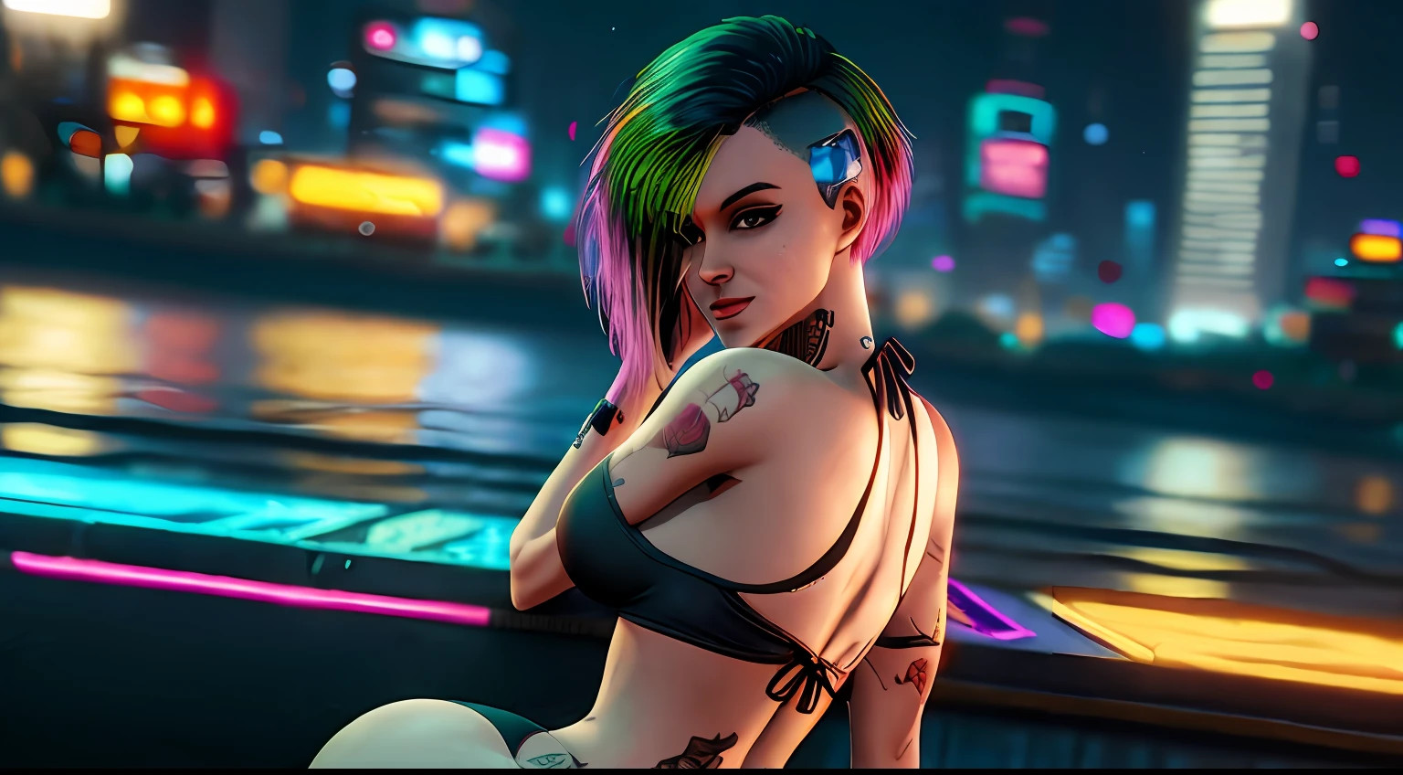 judy , cyberpunk 2077, foto de bikini na praia em night city, pose sexy , dedo de camelo , ultra realista, luz frontal , corpo inteiro , de frente, tomando uma marguerita , olhando para o ceu