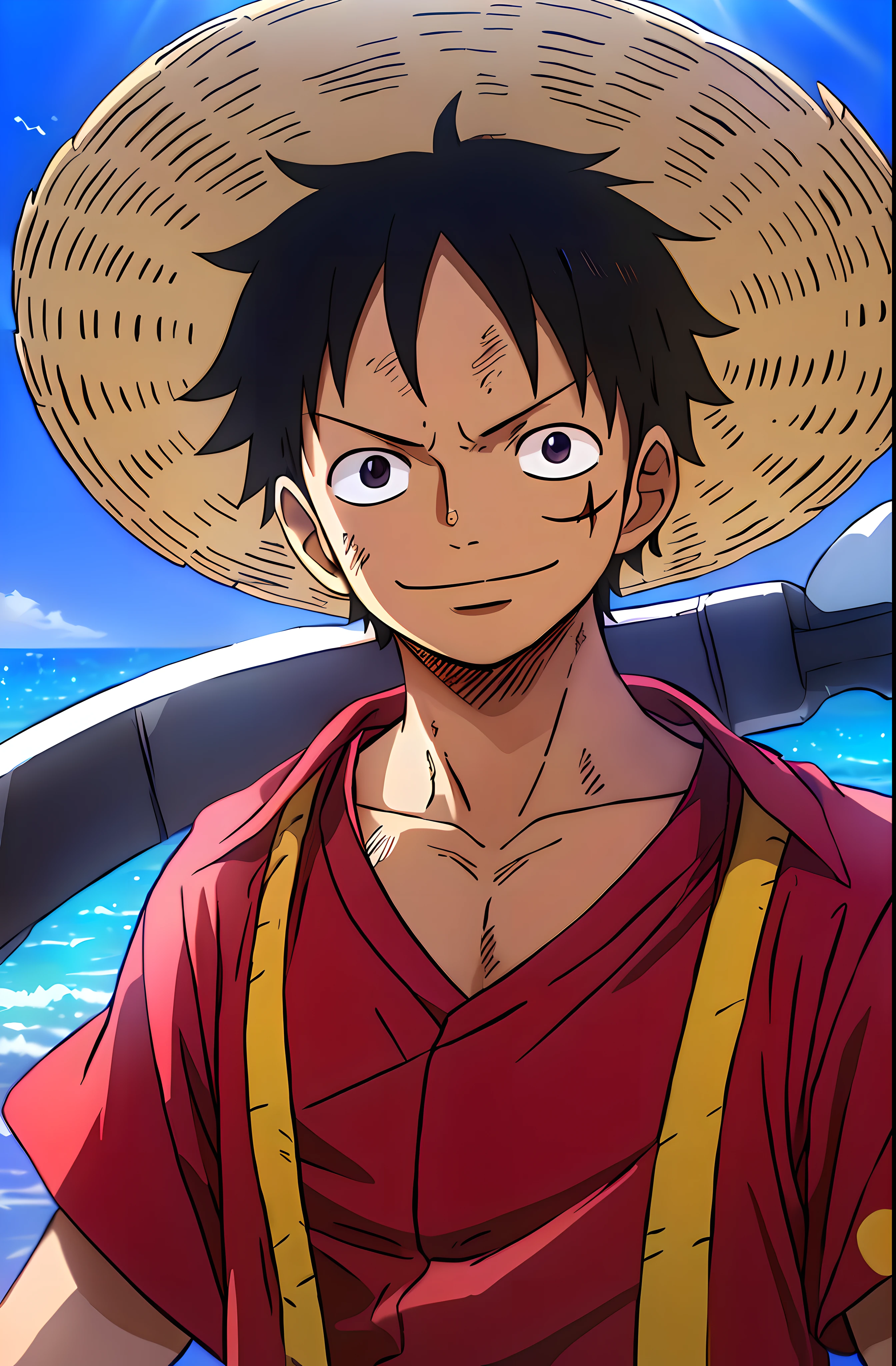 1boys, wanostyle, monkey d luffy, Smiling, Straw hat, look viewer, 独奏, Upper body, ((masterpiece)), (Best quality), (Extremely detailed), Depth of field, sketch, dark intensive shadows, Sharp focus quality, hdr, Colorful, Good composition, There were fires all around, spectacular, Closed shirt, Anime screenshots, Scars under the eyes, getting ready to fight, Dark eyes，deep of field，ocean background，ship，sunrays，Red clothes，