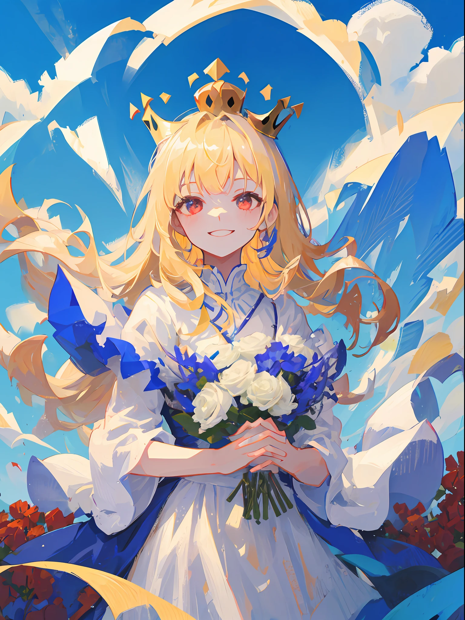 1Girl, blond hair, long hair, red eyes, god crown, beautiful eyes, evil smile, white dress, bouquet, holding with both hands, upper body, on grassland, blue sky