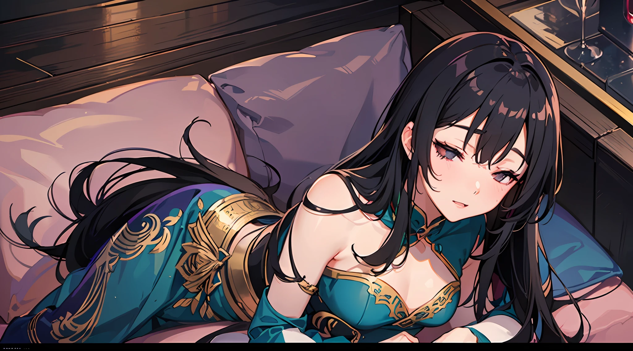 A beautiful middle-aged woman with long black hair，Mature woman，Royal sister，wearing  cheongsam，Green clothes，with a good figure，fully body，In a villa，(Lie flat on the sofa in the living room:1.6)，With his eyes closed，(Lie flat facing the ceiling:1.6)，Doing acupuncture，Expressionless，Very luxurious decorations，distance view，exquisite facial features，Clear facial expressions，Detailed digital anime art，digital anime art，High quality anime art style，Smooth anime CG art，From above