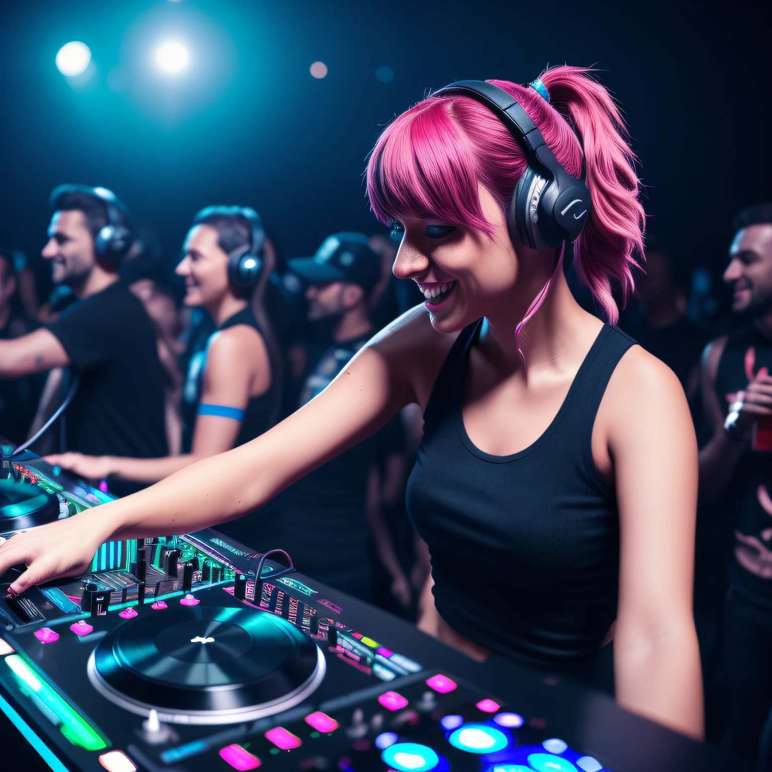 RAW photo of female DJ, 24 years old, skinny, (futuristic DJ set:1.2), bright pink hair, messy ponytail weave hairstyle, detailed headphones, medium smile, (looking at crowd:1.1), (hype atmosphere:1.2), (full DJ set visible:1.3), standing on a stage, (big crowd in background:1.1), (everyone partying:1.2), (masterpiece:1.3), (best_quality:1.3), (ultra_detailed:1.3), 8k, extremely_clear, realism, (ultrarealistic:1.3), cinematic lighting, highres, professional color grading, film grain, [(ultrarealistic:1.2):(adobe lightroom:1.2):0.3], [:intricate details:0.2], kkw-ph1, --auto