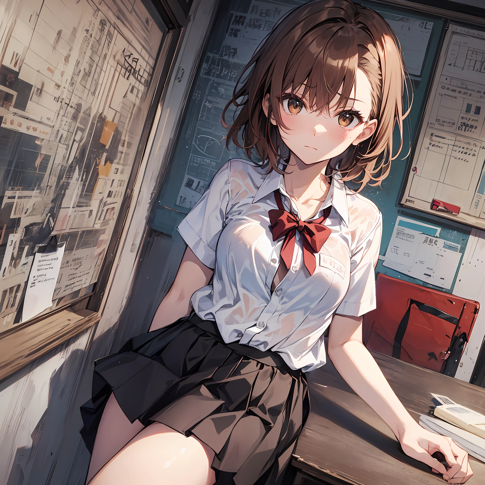 the best qualityt, Misaka_mikoto, brown eyess, Short_hair, Small_Breast, looking at the viewers, 独奏, Closed_Mouth, collars_Shirt, School_uniform, shirts, whited_Shirt, , class room fully body miniskirts Cool look sexypose Sheer lingerie sodden Skirt that can be twisted