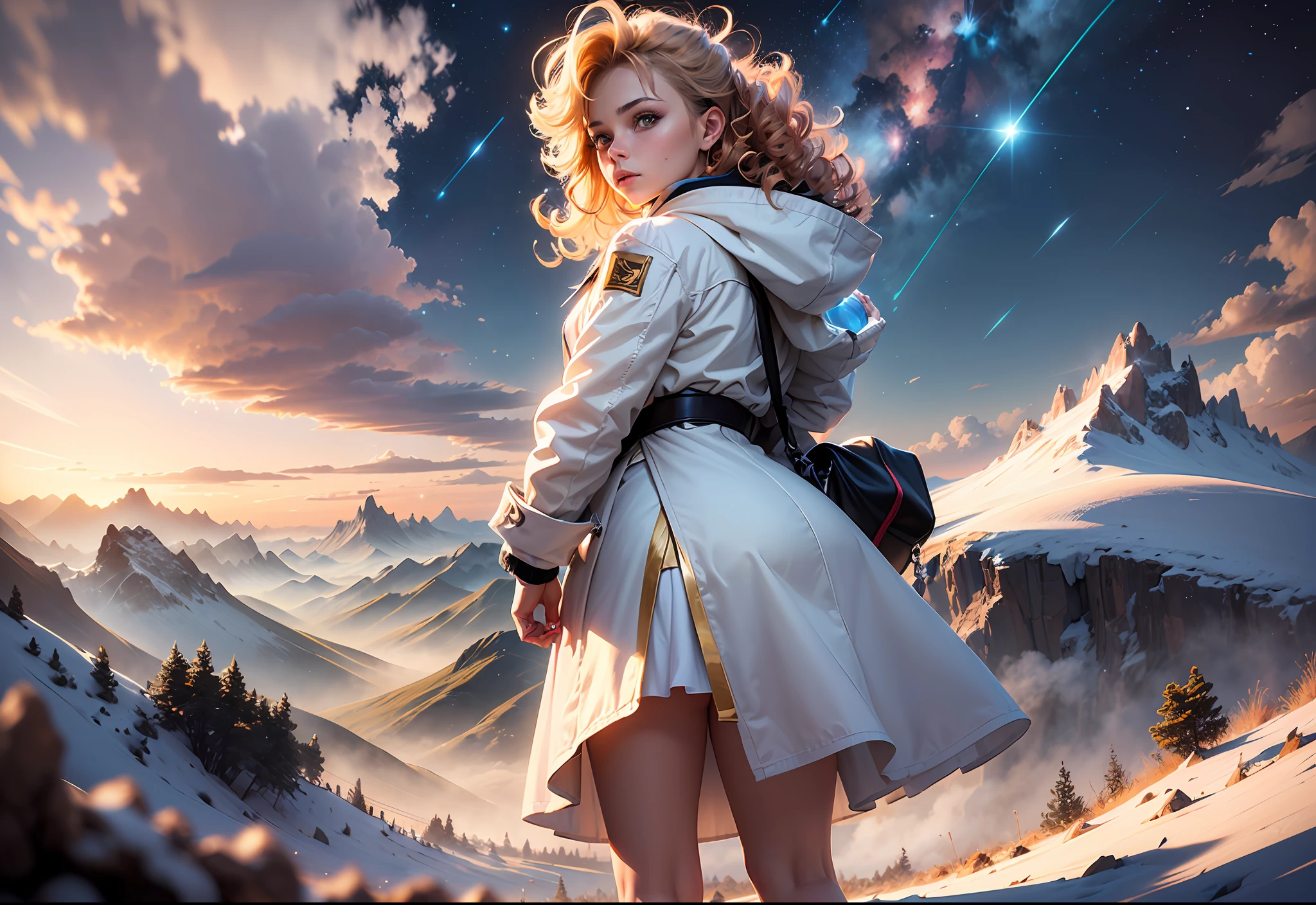 (award winning 64k concept art:1.3) of (young woman looking up standing over the valley:1.2), close to camera, in white coat, sweet, front, epic, god rays, (masterpiece:1.4), (best quality:1.4), Amazing, highly detailed, beautiful, finely detailed, warm soft color grading, (Depth of field:1.4), extremely detailed 64k, fine art, (valley in the background), stunning, (light reflections:1.2), (crisp:1.6), gold short curls, winter, vibrant, starry sky, (edge detection:1.4), absurdres, impressive, 120mm, extremely clear, lens flare, motion lines, symmetrical clothes, wide shot, wide angle
