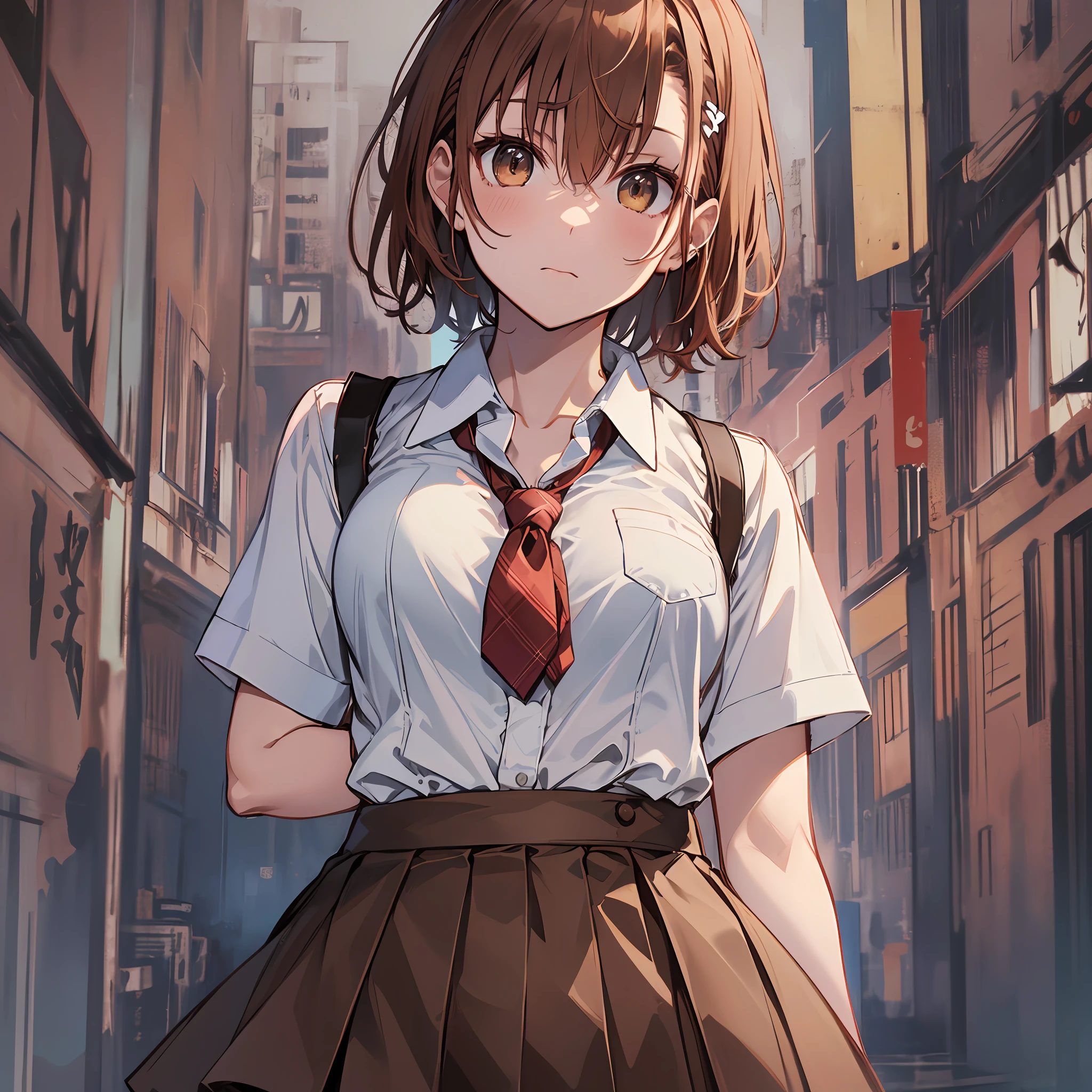 the best qualityt, Misaka_mikoto, brown eyess, Short_hair, Small_Breast, looking at the viewers, 独奏, Closed_Mouth, collars_Shirt, School_uniform, shirts, whited_Shirt, , class room fully body miniskirts Cool look sexypose Sheer lingerie sodden Skirt that can be twisted
