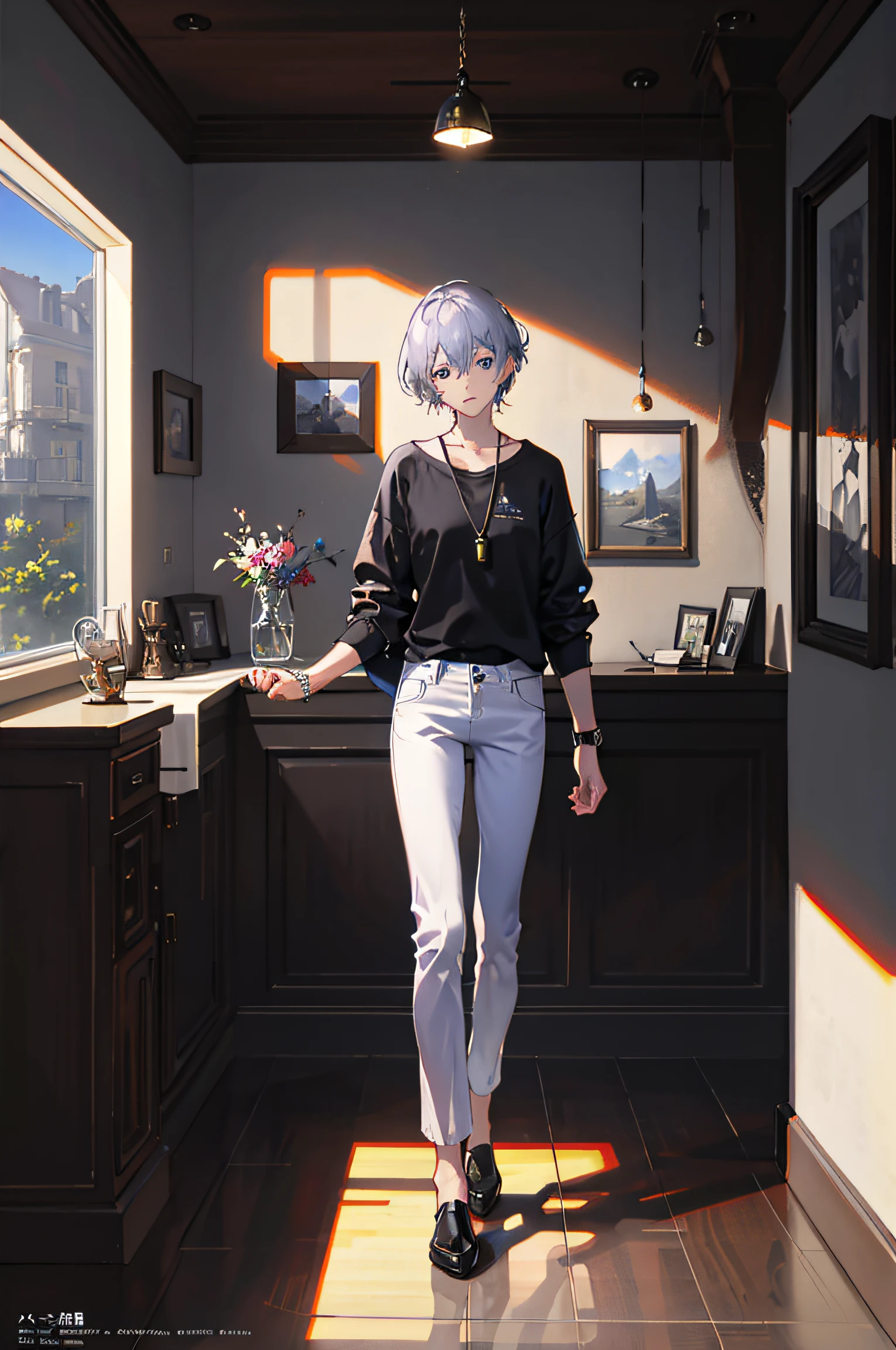 1boy，iOS，pack，hair bangs，berry，Silver hair，whiteshirt，Blue Eye，Hair between both eyes，jewelries，leaf，looks at the viewer，Male focus，gargantilha，trouser，chemise，独奏，wristwatch，White pants，wristwatch，Messy hair, Trends on ArtStation, in 8K resolution, greatly detailed, anatomically correct, crisp image, digtial painting, concept arts, Popular trends on pixiv, style of makoto shinkai,