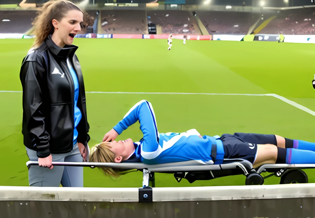 policewoman in black leather, policewoman allover clothed in shiny black leather, blond policewoman in black leather, there is a male soccer player in short sportswear lying injured on a stretcher, there is an injured sportsman who is covering his face on a stretcher, an injured sportsman is covering his face with his hands, an injured sportsman is writhing ecstatic in pain on a stretcher, dramatic pity pose, there is a very female woman in a high-shine coat, a high-shine black wetlook coat, a long shiny coat, a wetlook glossy coat, a wet black laquered coat, a very female looking wife is wearing a wetlook coat, injured, medic, soccer action pose, affection pose, lecherous action pose, dramatic action pose, theatralic pose, there is an attractive woman that is carrying a suffering man on a stretcher, there is a beautiful woman in a shiny coat who is carrying a blond man on a wet orange stretcher, a longhaired beautiful woman in a high-shine coat, a longhaired woman in a shiny downcoat, a woman is carrying a stretcher with a shorthaired man who is wearing shorts and a t-shirt, a weak man in spots shorts is consciousless and needs to be carried on a wetlook pvc stretcher, a shorthaired man with closed eyes is carried on a stretcher by a longhaired woman, a woman looks very scared and terrified, a consciousless man with closed eyes is suffering very much and has a very painful face, photo, photo shoot, photographed , accident, help, aid, first aid, pity