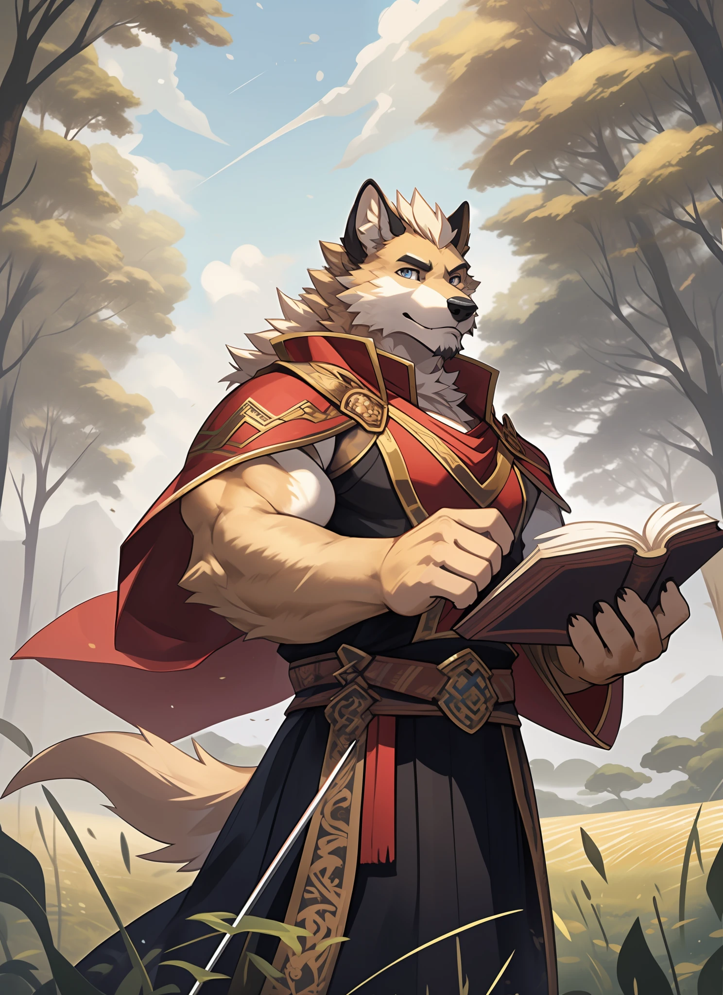 The Masterpiece，officlal art，was hairy，Masculine，Anthropomorphic golden retriever，Exquisiteface，exquisite eyes，red capelet，Longquan Sword，book：1.2，deep of field，perfect litthing，light particules，（best qulity），（The Masterpiece），（ultra-details），Sharp focus，light particules