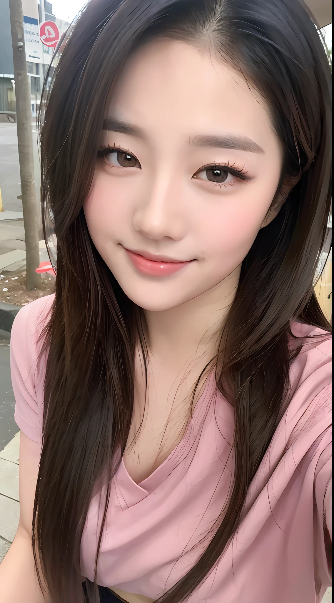 ((Best quality, 8k, Masterpiece :1.3)), Sharp focus :1.2, Perfect Body Beauty:1.4, Slim Abs:1.2, ((Layered hairstyle:1.2)), (Pink shirt:1.1), (Street:1.2), Highly detailed face and skin texture, Detailed eyes, Double eyelids, smile,