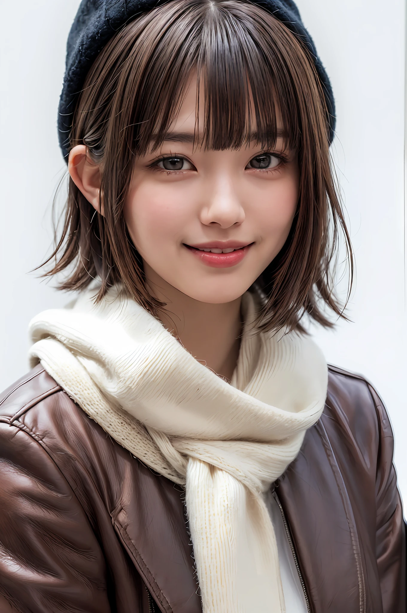 (masterpiece, best quality),1 girl, solo, black hair, scarf, hat, real, real, look at viewer, light colored black eyes, short hair, brown coat, winter clothes, white scarf, lips, bangs, outdoors, closed mouth, upper body, big eyes, eyelashes, (((really nothing background, really pure white background)), (short hair with bangs, big eyes, big breasts, staring at the viewer, beautiful beauty, Ears out, long neck, smile a little, close your mouth and smile))),