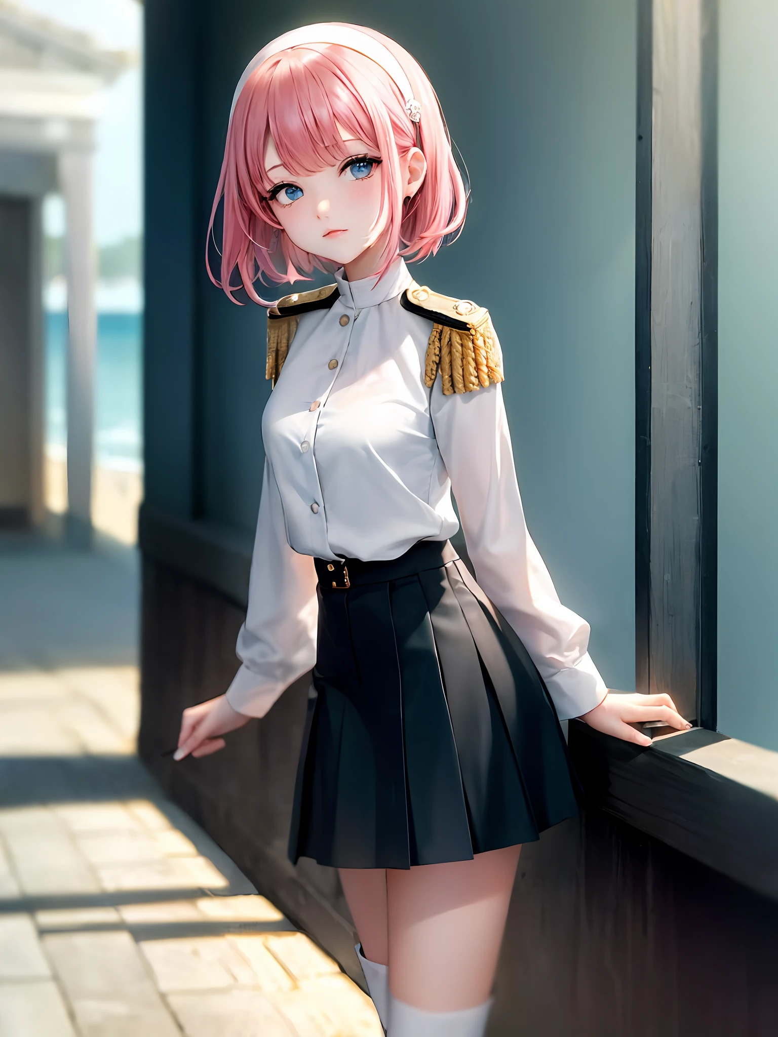 1girls, Single person，(masterpiece:1.1), (Best quality:1.1), (White blouse:1.1), High-waisted skirt, Break [blue:Pink:0.5] theme, (gradient backgrounds :1.1), Cowboy shot, Cinematic light，The Perfect Hand， Break through pink hair, single horse tail, white hairband，White military uniform top, Pink epaulettes，Pink pleated skirt，White mid-tube boots，Pink stockings，Blue eyes， Mottled sunlight，seaside backgroud