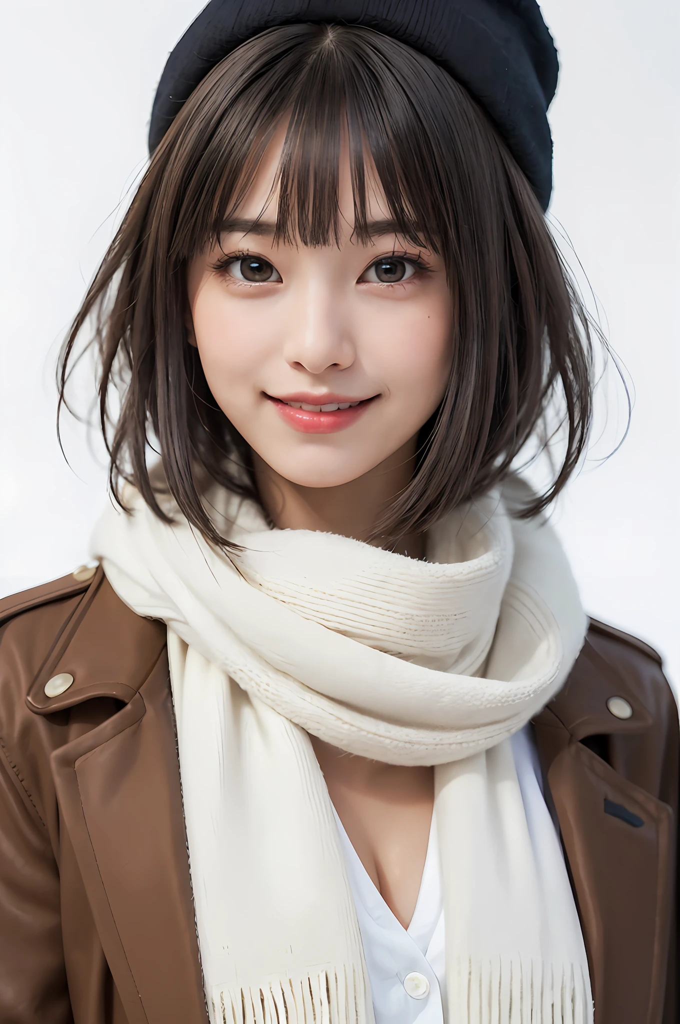 (masterpiece, best quality),1 girl, solo, black hair, scarf, hat, real, real, look at viewer, light colored black eyes, short hair, brown coat, winter clothes, white scarf, lips, bangs, outdoors, closed mouth, upper body, big eyes, eyelashes, (((really nothing background, really pure white background)), (short hair with bangs, big eyes, big breasts, staring at the viewer, beautiful beauty, Ears out, long neck, smile a little, close your mouth and smile))),