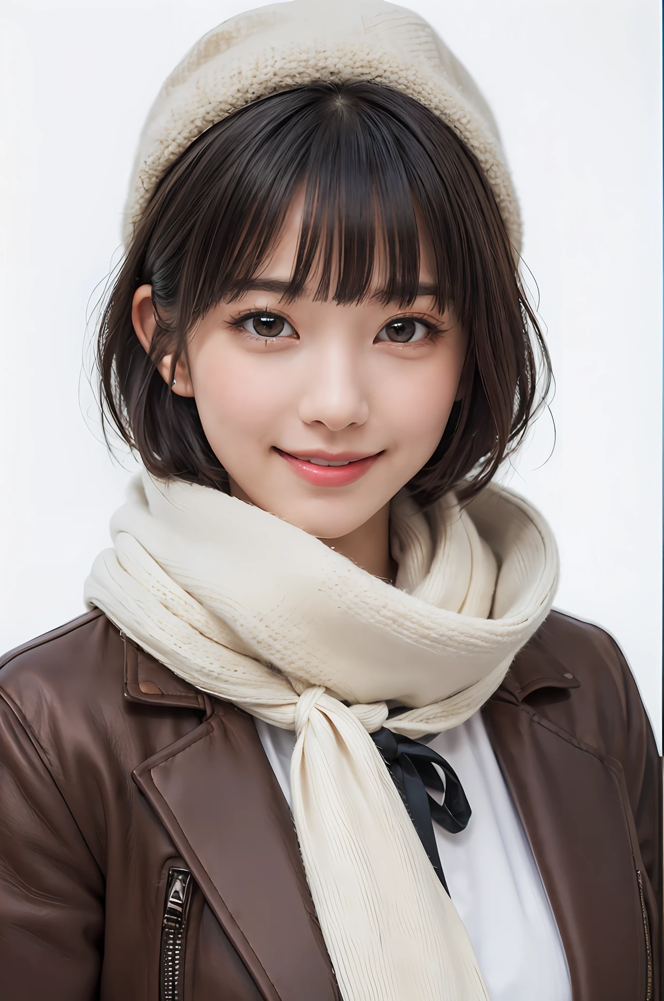 (masterpiece, best quality),1 girl, solo, black hair, scarf, hat, real, real, look at viewer, light colored black eyes, short hair, brown coat, winter clothes, white scarf, lips, bangs, outdoors, closed mouth, upper body, big eyes, eyelashes, (((really nothing background, really pure white background)), (short hair with bangs, big eyes, big breasts, staring at the viewer, beautiful beauty, Ears out, long neck, smile a little, close your mouth and smile))),