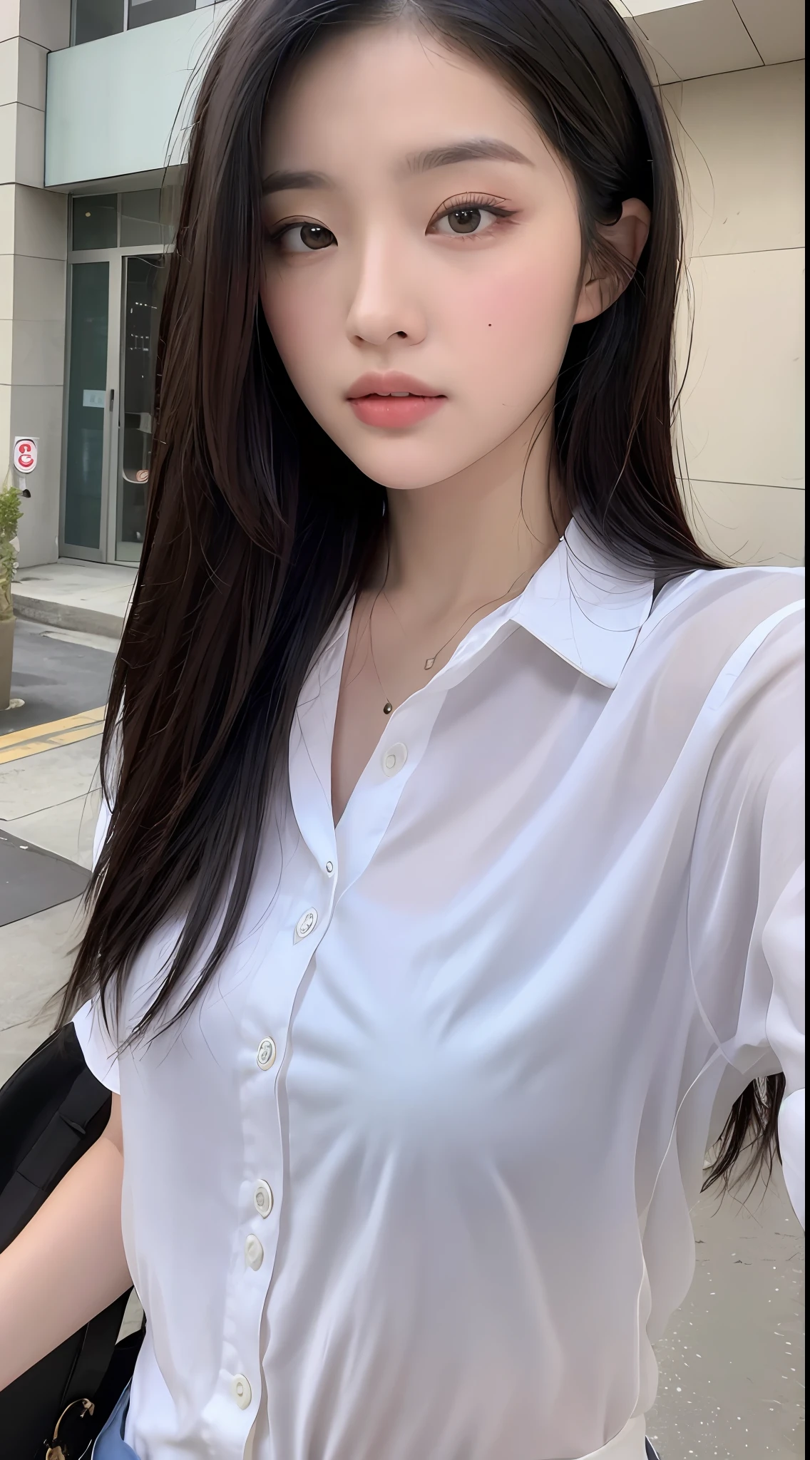 ((Best Quality, 8K, Masterpiece: 1.3)), Sharp: 1.2, Perfect Body Beauty: 1.4, Slim Abs: 1.2, ((Layered Hairstyle, :1.2)), (White Button Short Sleeve Shirt: 1.1), (Street: 1.2), Wet: 1.5, Highly detailed face and skin texture, Fine eyes, double eyelids, looking at the camera