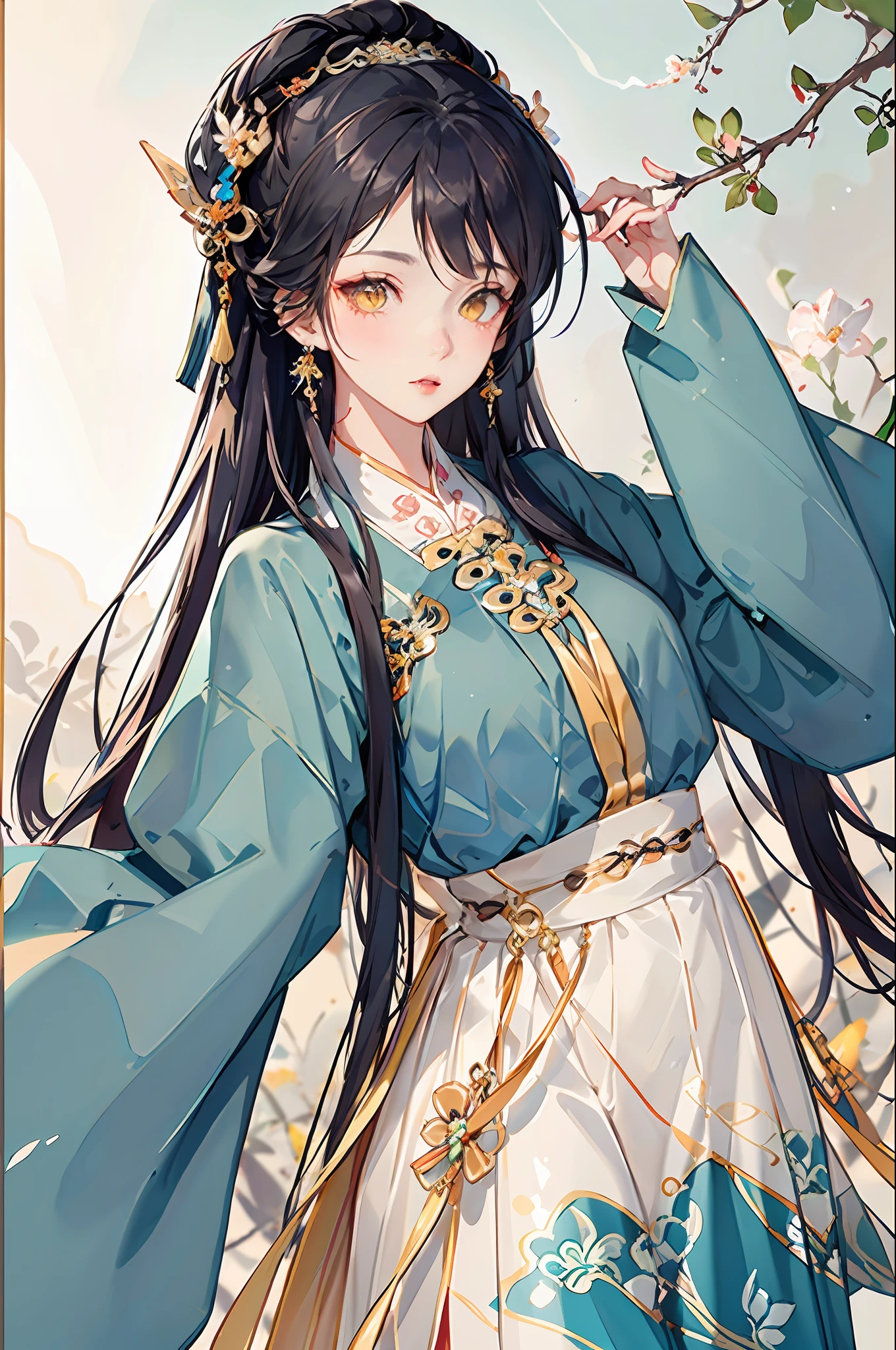 best possible quality,complicated detail,high - resolution,(beautifuldetailedwater:1.4),(Hanfu,Tang Feng),Yellow eyes,Put your hands behind your back