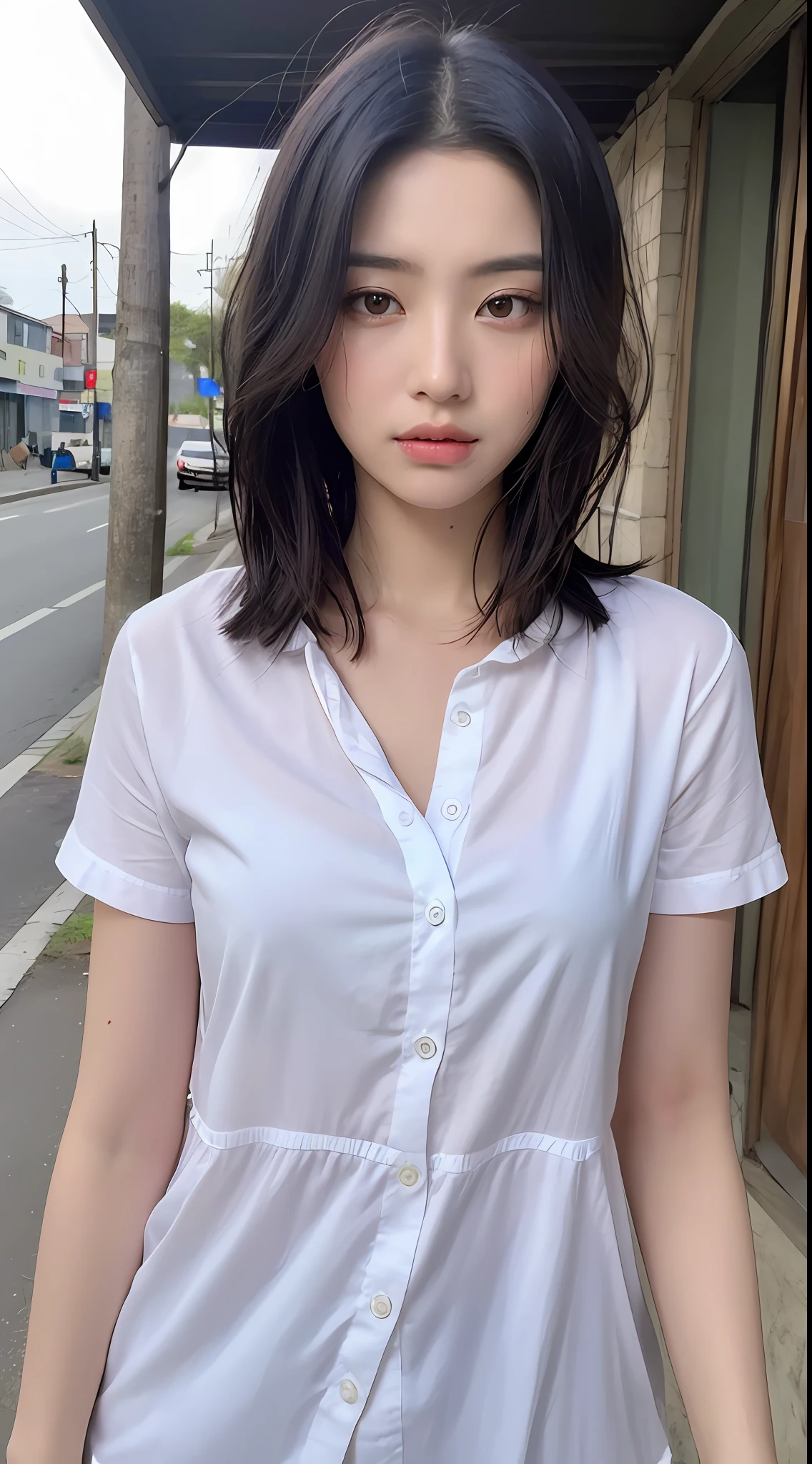 ((Best Quality, 8K, Masterpiece: 1.3)), Sharp: 1.2, Perfect Body Beauty: 1.4, Slim Abs: 1.2, ((Layered Hairstyle, :1.2)), (White Button Short Sleeve Shirt: 1.1), (Street: 1.2), Wet: 1.5, Highly detailed face and skin texture, Fine eyes, double eyelids, looking at the camera