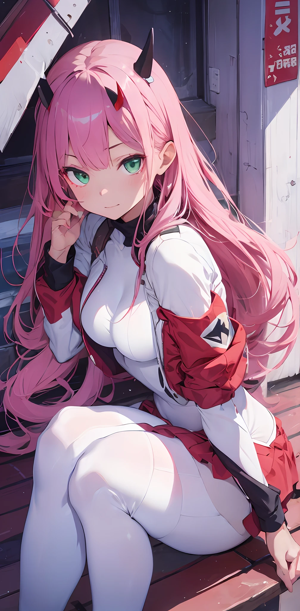 zero two \(darling in franxx\), darling in franxx, 1girl, bangs, bite, shadow, green eyes, horns, long hair, looking at the viewer, small breasts, big thighs, makeup, white bodysuit, pink hair, red eyeshadow, tight skin, solo