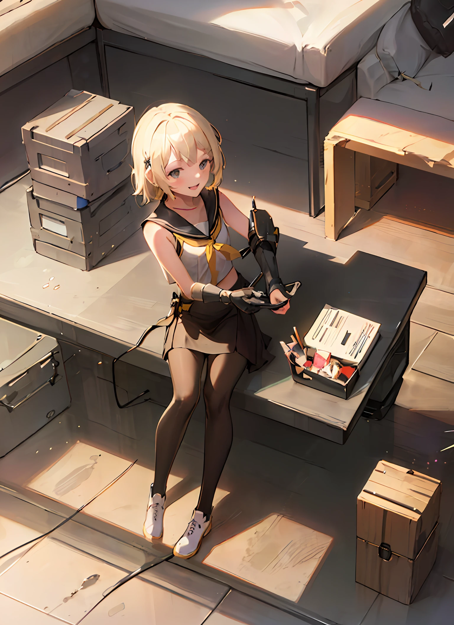 A female high school student,white-skinned,Yellow hair,asiatic,Facing the camera,With a smile