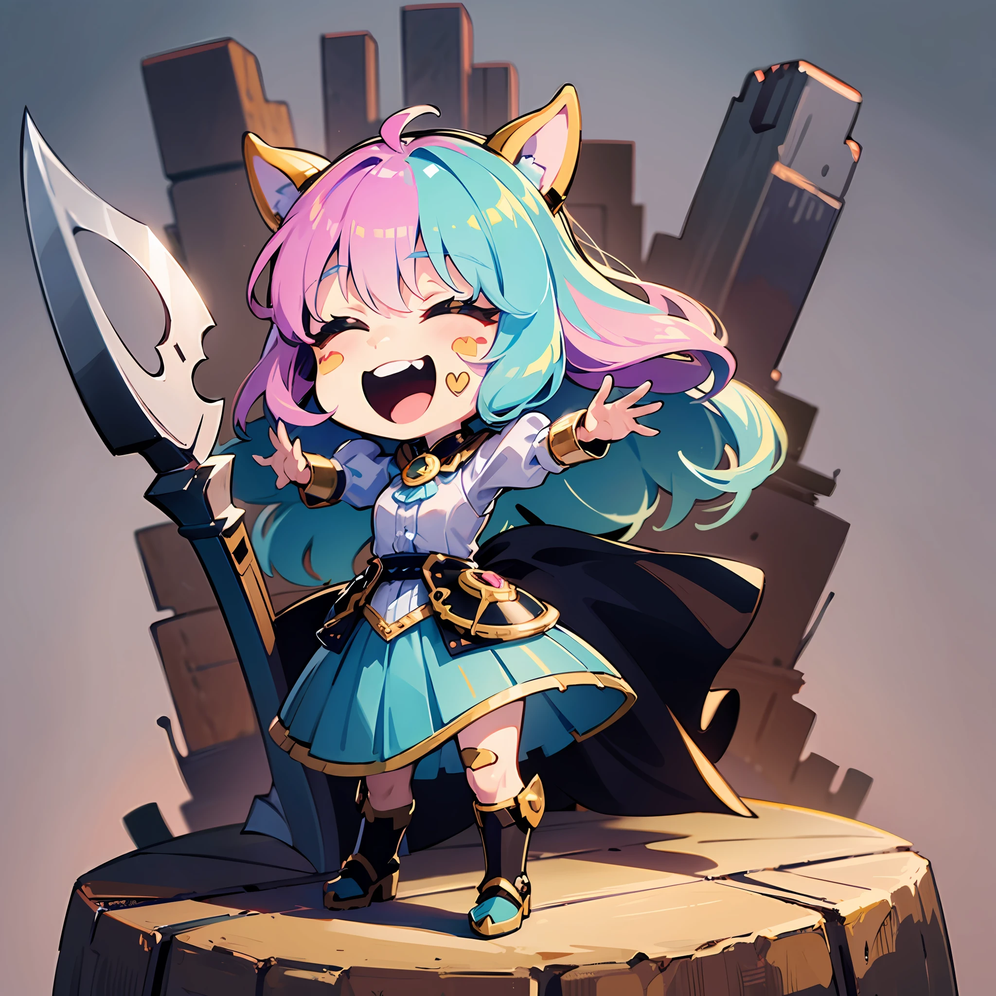 ((sticker:1.5)))、((Chibi Chara))、(Super giant axe)、Fluffy、The girls、Strong perm、warrior、battle field、Strongest、Chibi Chara、fully body、pastel-colored hair、Fairy tale、Fantastical、masterpiece、best qualiy、high picture quality