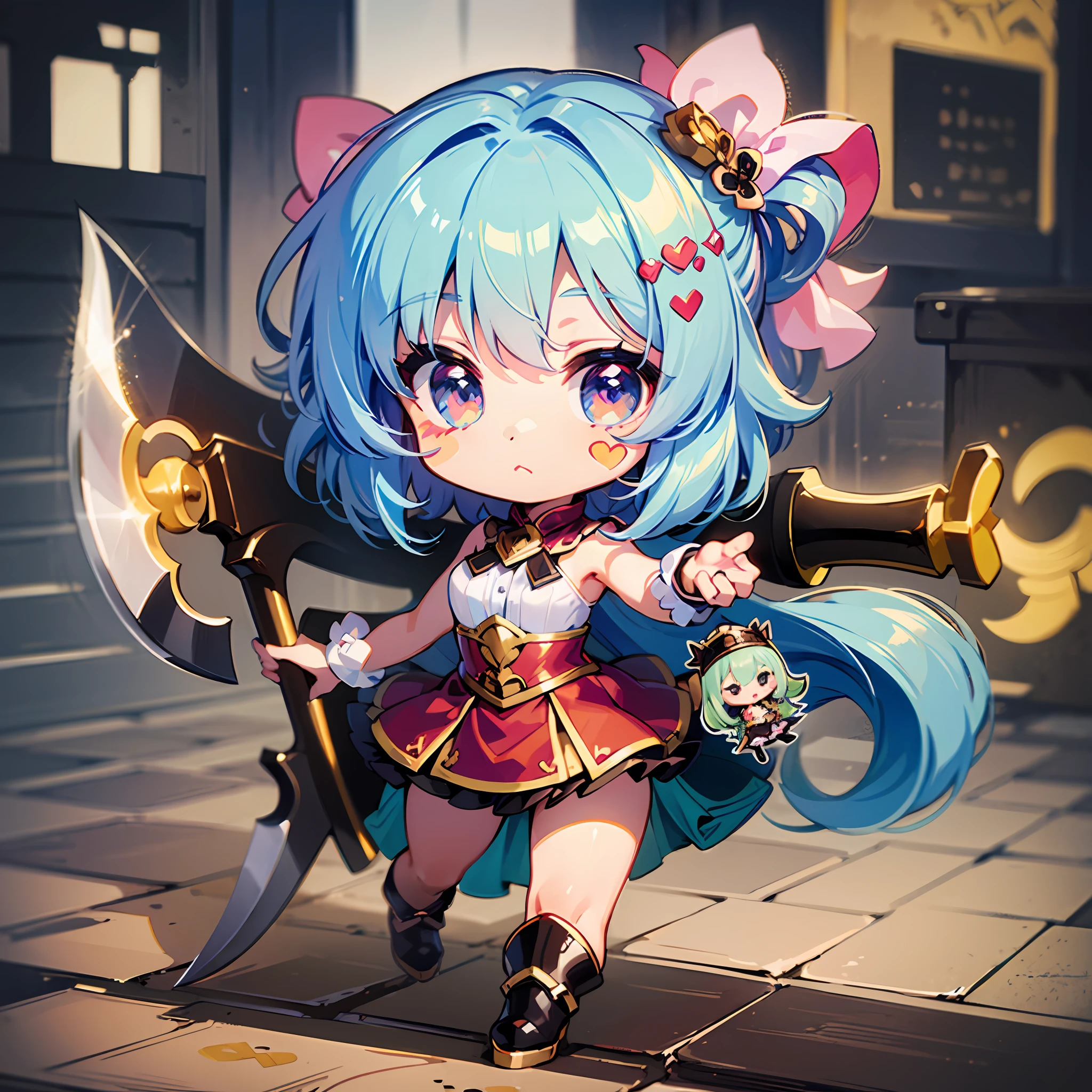 ((sticker:1.5)))、((Chibi Chara))、(Super giant axe)、Fluffy、The girls、Strong perm、warrior、battle field、Strongest、Chibi Chara、fully body、pastel-colored hair、Fairy tale、Fantastical、masterpiece、best qualiy、high picture quality