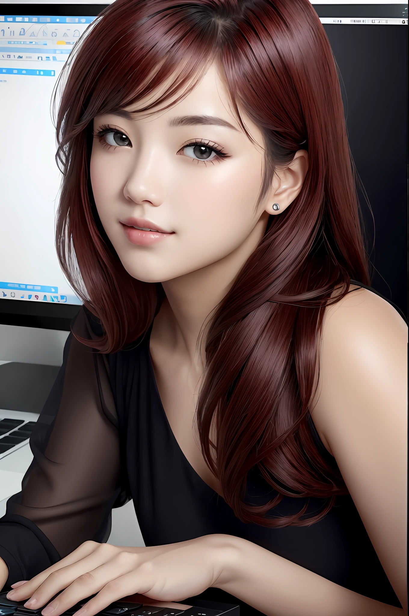 Absurdres, 1girls, star eye, blush, (Realistic:1.5), (master-piece, Extremely detail CG unity 8k wallpaper, maximum quality, high-res:1.2), (ultra_detailed, UHD:1.2), (pixiv:1.3), Perfect Illumination, Distinct, (Babe:1.2), viewer, Unreal Engine, Sidelighting, perfect face, Detailed face, Beautiful eyes, pretty face, (light skin:1.3), idol, ulzzang-6500-v1.1, A gentle smile, (Black redhead), (Simple Background), ((Dark background)), (depth of field), I'm working at a desk with a laptop. ((desk)), (monitor), (keyboard), ((notebook)).
