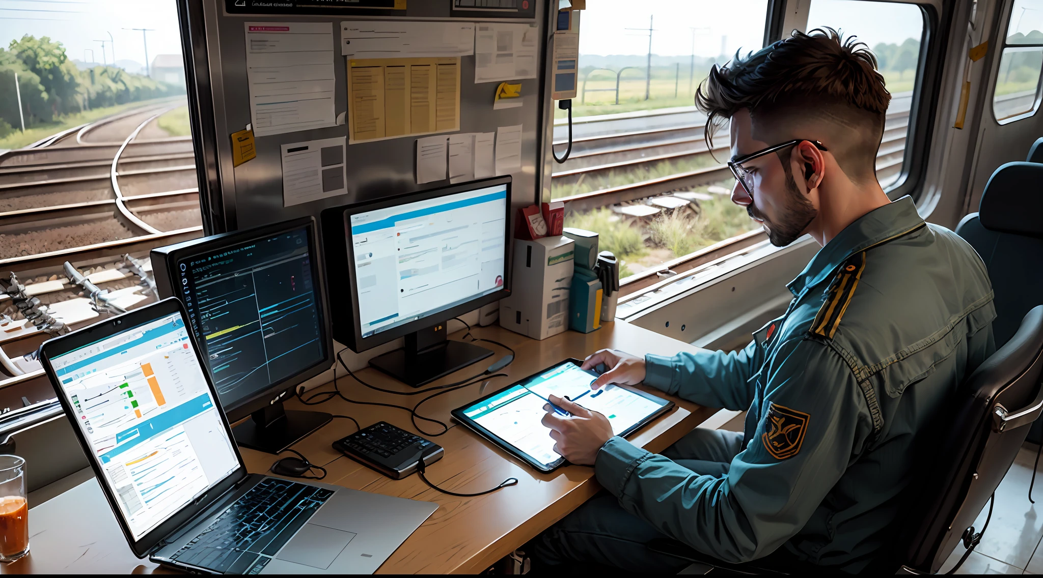 Engineer using tablet checking and analysis data systems electrics of track on railway on networking, Modern Industrial and transportation. --auto