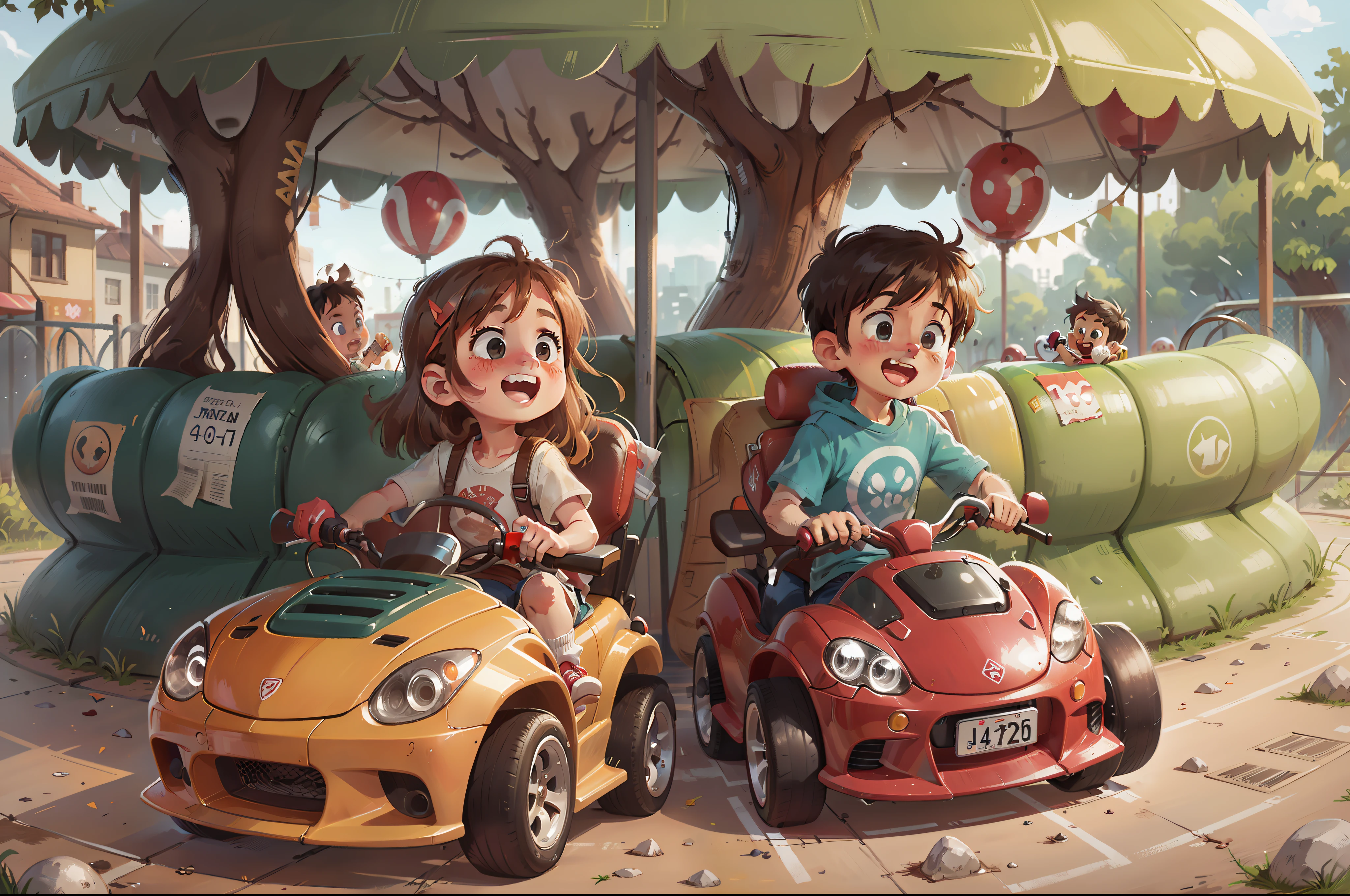 In the playground, two bumper cars, a and a little girve a bumper car, and had a lot of fun