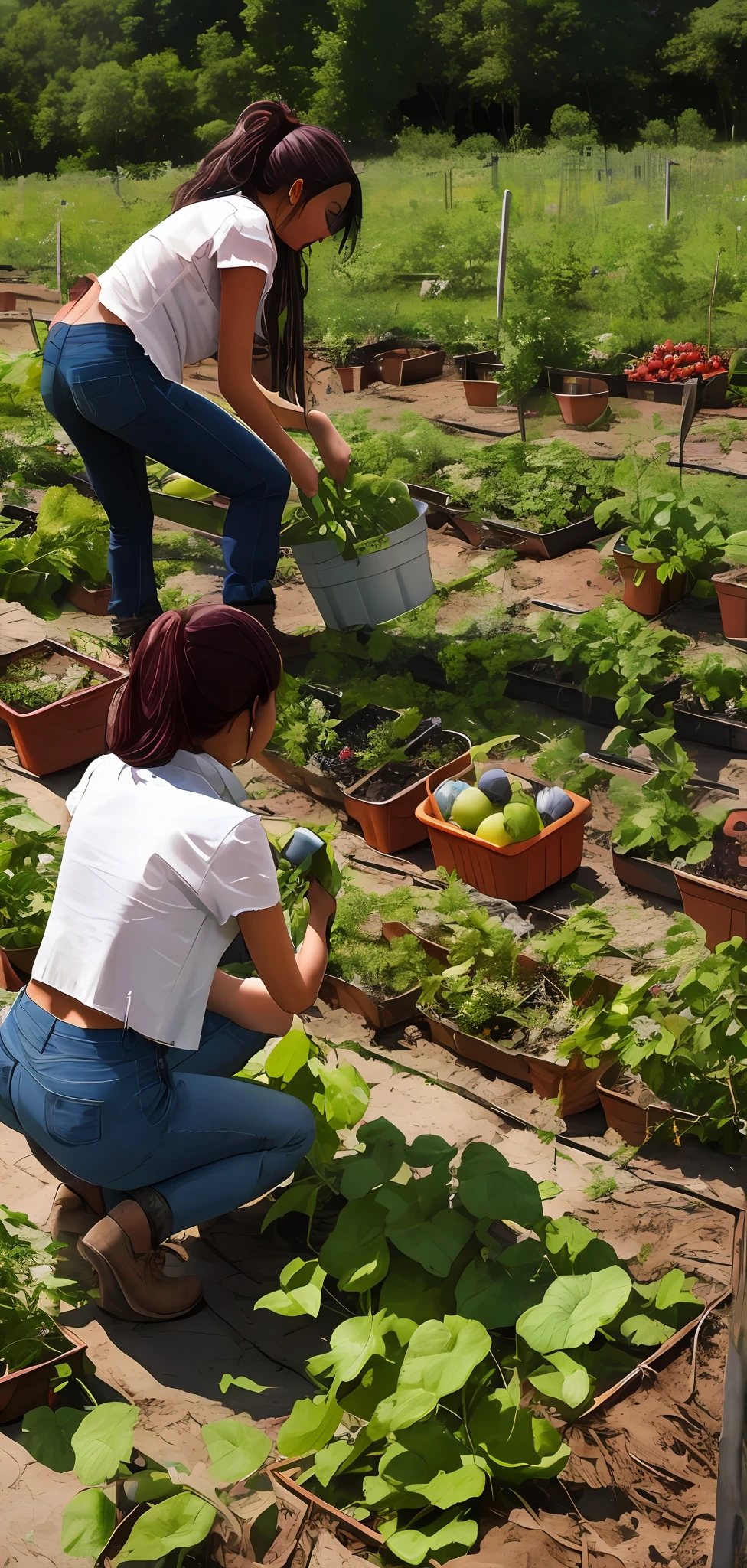 2076 AD urban decay wasteland, hunter gatherer women picking fruit in the garden, torn shirt, no zombies allowed,