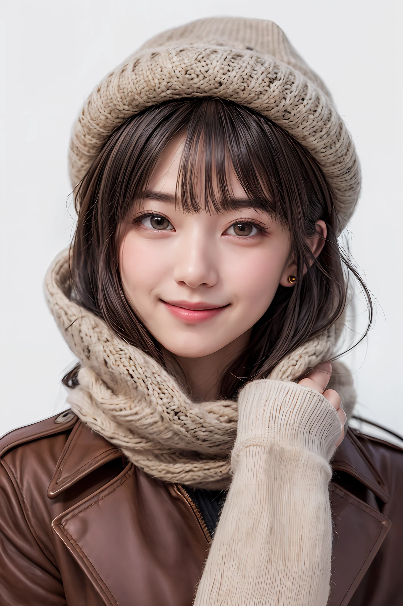 (The Masterpiece, the best qualityt),1girls, 独奏, blackhair, scarf, The hat, Realstic, Realstic, looking at the viewers, black eyes of light color, short hairs, Brown coat, Winter clothes, White scarf, s lips, Bangs, En plein air, Closed mouth, Upper bust、big eye、Lashes、((Really nothing background、Really pure white background))、(((Shorthair with bangs、big eye、extremely large breast、Staring at viewer、Beautiful beauty、Put your ears out、long neck、smiling slightly、Close your mouth and smile)))、