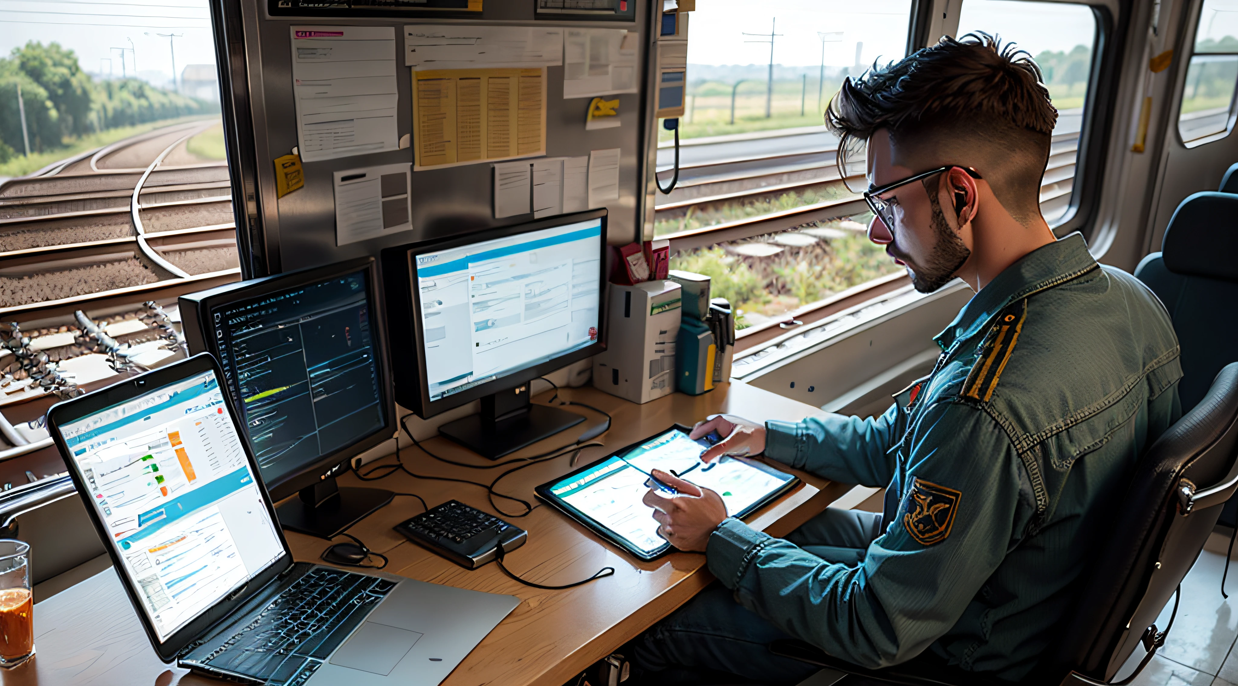 Engineer using tablet checking and analysis data systems electrics of track on railway on networking, Modern Industrial and transportation. --auto