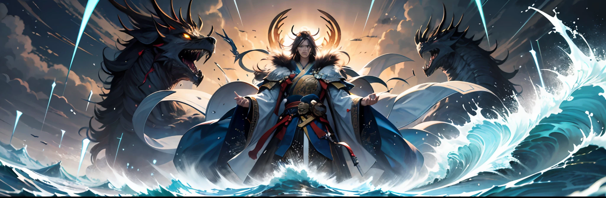 highres, shadows, absurdres, best_quality, ultra_detailed, 8k, extremely_clear, photograph, beautiful, sharp focus, hdr, Susanoo, the Shinto god of the sea and storms ::5 going unrivaled, commanding the elements ::4 dynamic scene, vibrant action ::3 blend of mythology, power, and drama ::2 depicting the divine hero in his full glory ::1