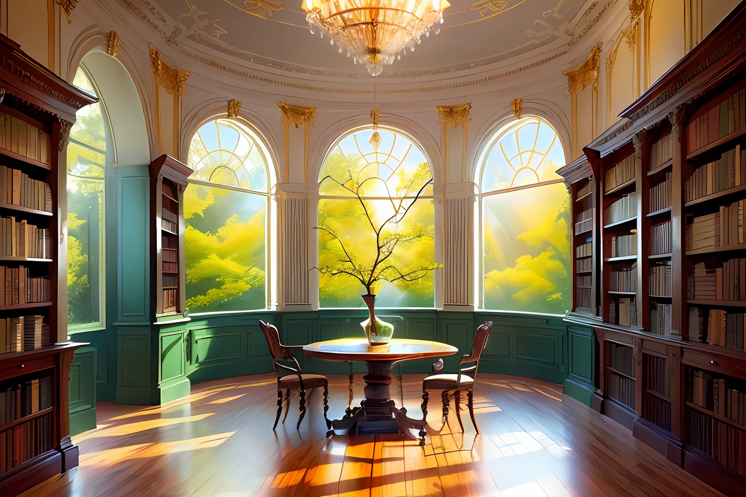 European-style library, Interior design details, Flowers, very green, The sun's rays of light
