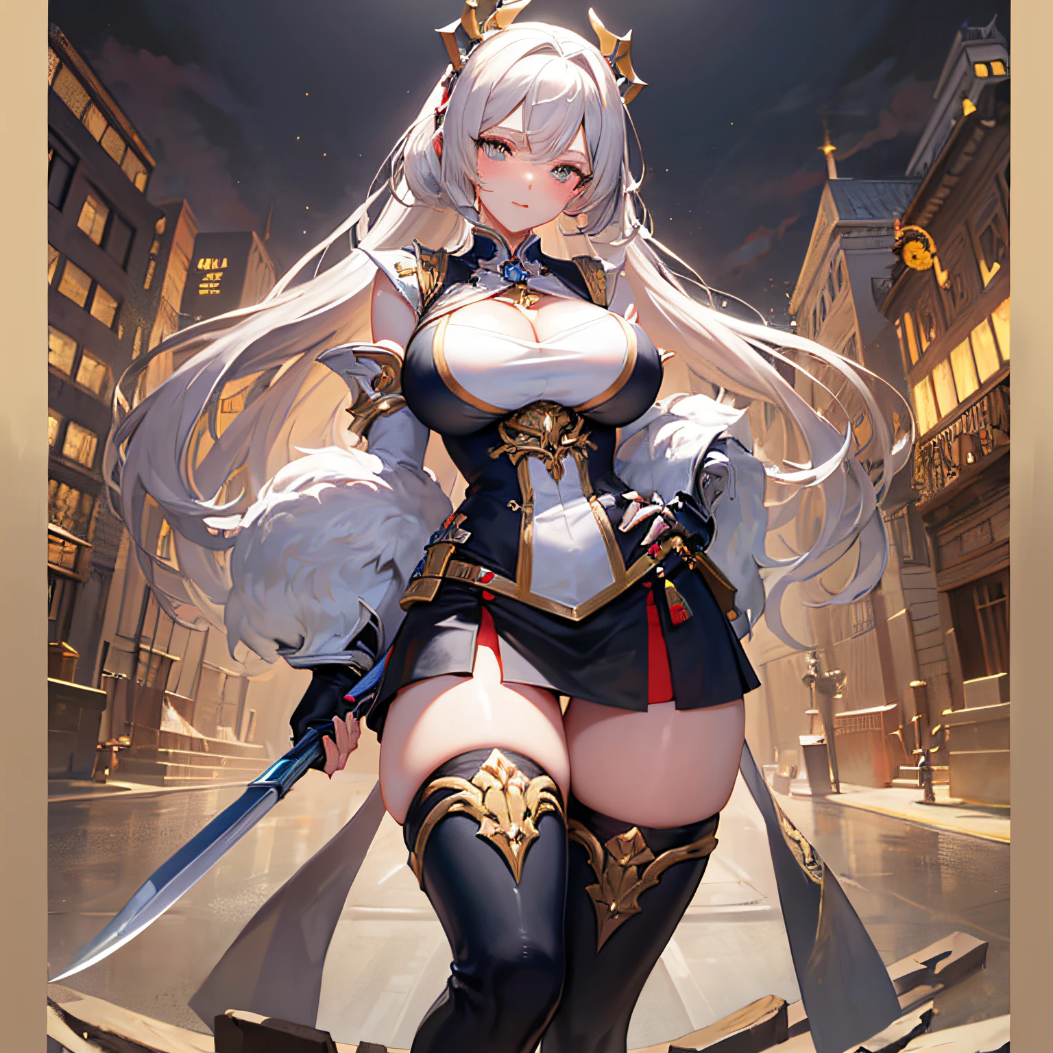 Peerless beauty,Perfect slim body,Mature royal sister face,Double ponytail curls,Knight armor,Sexy and seductive,Nice face,Full body like,4K quality,Feminine expression,Blush shyness,Star-like deep eyes,Huge breasts,short miko skirt,Knife pulling posture。Overflowing bust,Fight Warcraft,speed lines,the best quality t,The Masterpiece,Magnificent background,On the battlefield,Clothes are broken