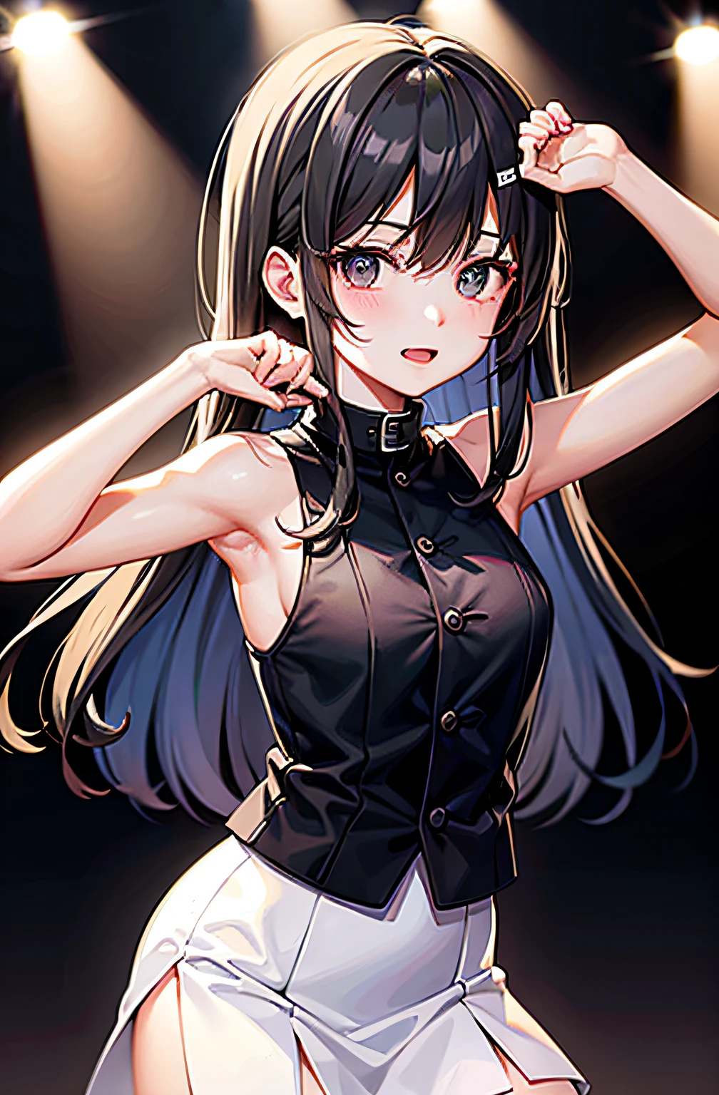 Best Picture Quality，ultra-highresolution，Cute Kpop idol，Sleeveless white button-down shirt，Long white dress with black collar，black  long hair，Look introverted at the audience，The whole body is exposed，In the style of Ezio Weir，Puffy eyes。